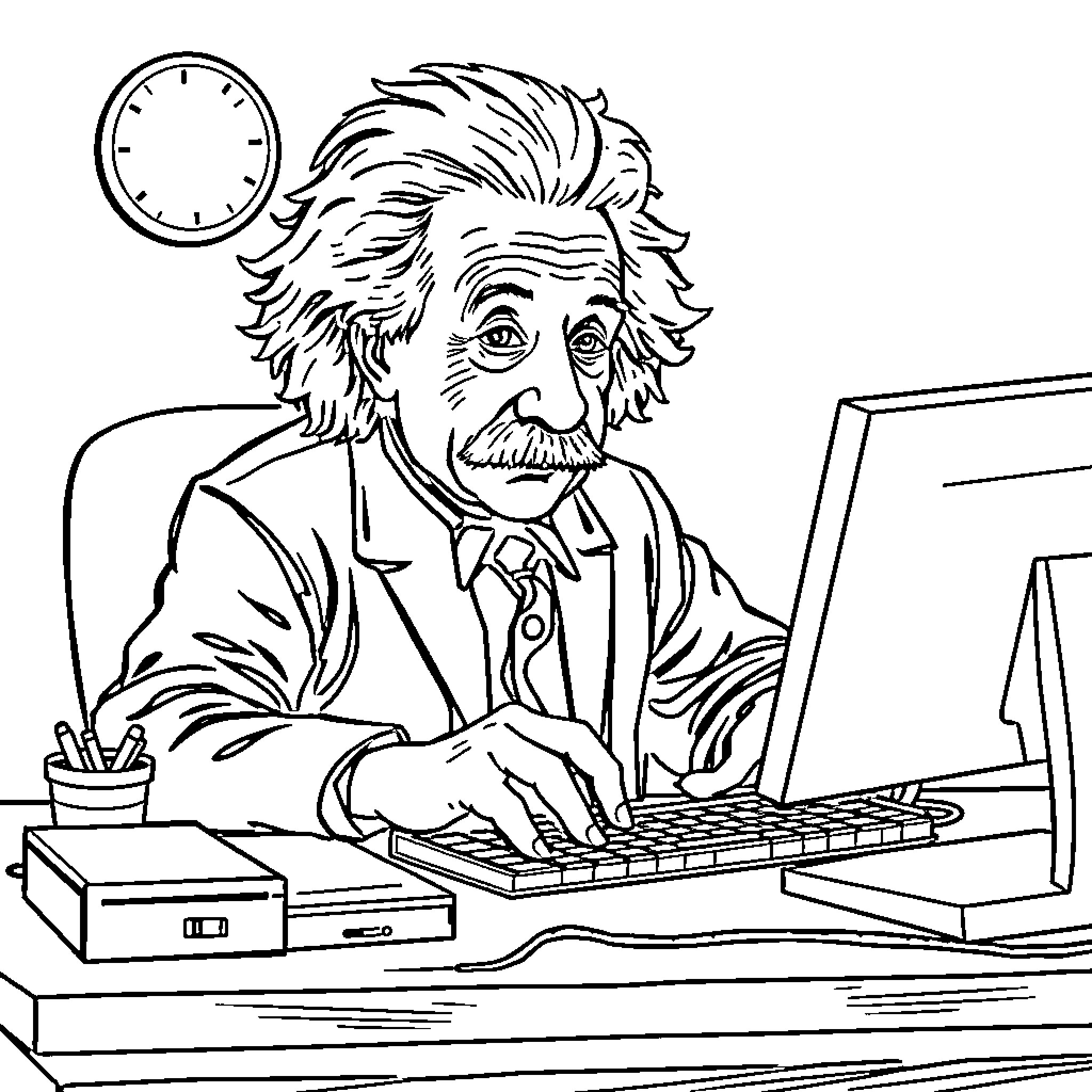 Albert Einstein working diligently on computer Coloring Page (free black-and-white line drawing printable PDF for all, from beginners to advanced learners, including children, teens, adults, and seniors)
