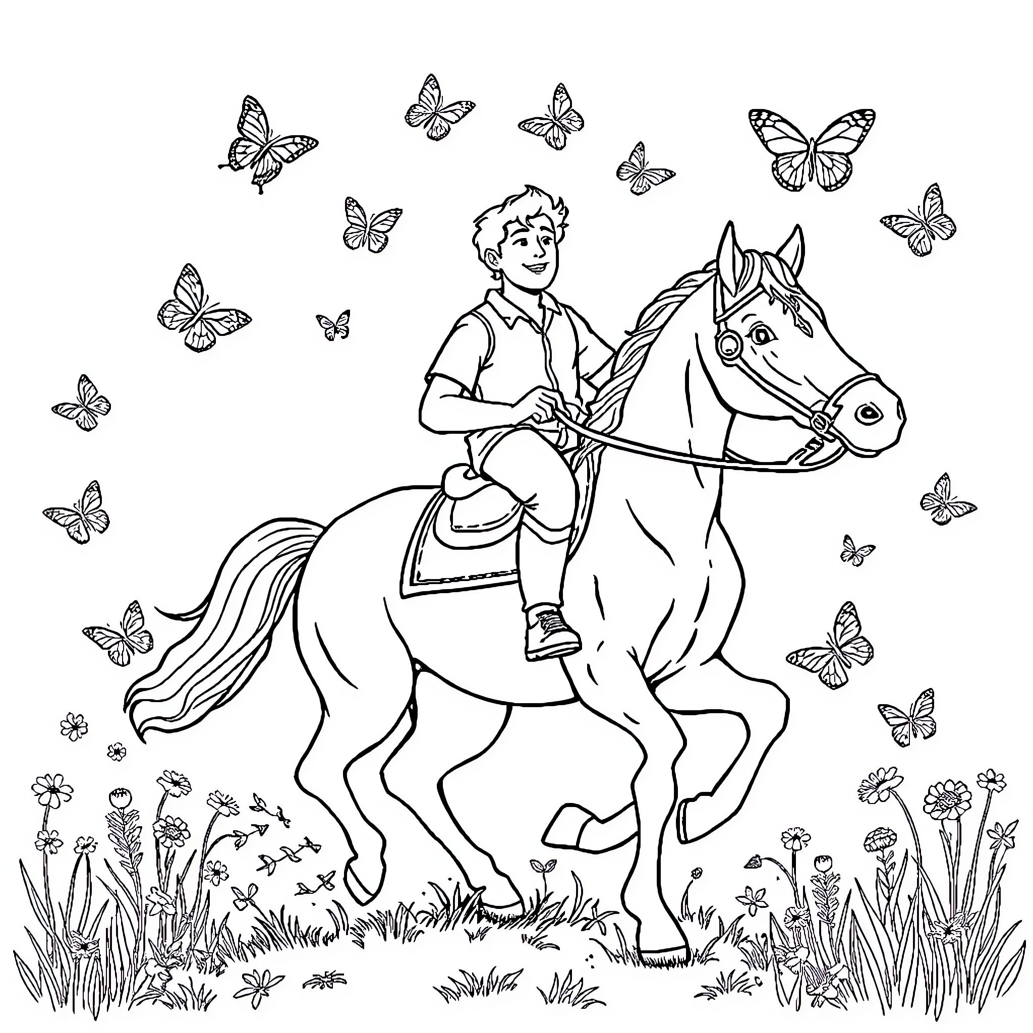 Horse and rider enjoying a peaceful ride surrounded by butterflies Coloring Page (free black-and-white line drawing printable PDF for all, from beginners to advanced learners, including children, teens, adults, and seniors)
