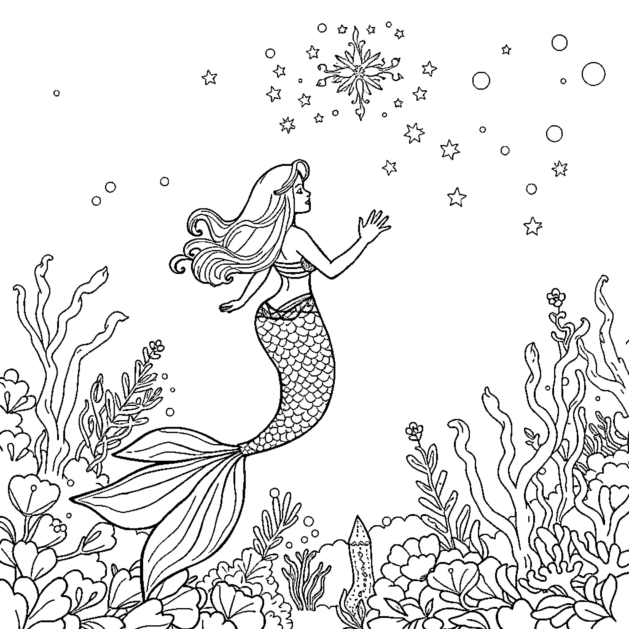 Mermaid enchantingly swimming among underwater flora Coloring Page (free black-and-white line drawing printable PDF for all, from beginners to advanced learners, including children, teens, adults, and seniors)
