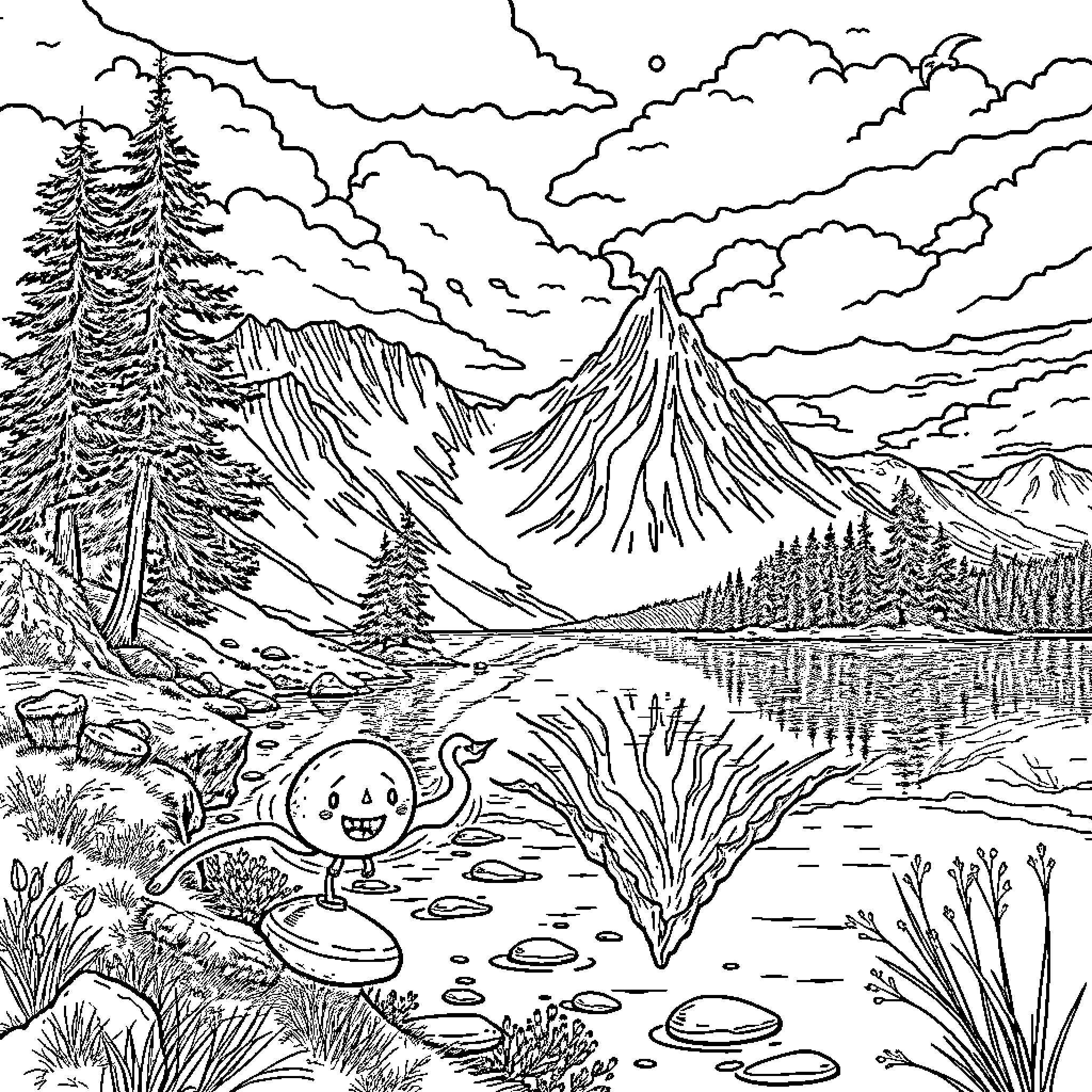 Shire landscape with mountains, forest, and lake Coloring Page (free black-and-white line drawing printable PDF for all, from beginners to advanced learners, including children, teens, adults, and seniors)