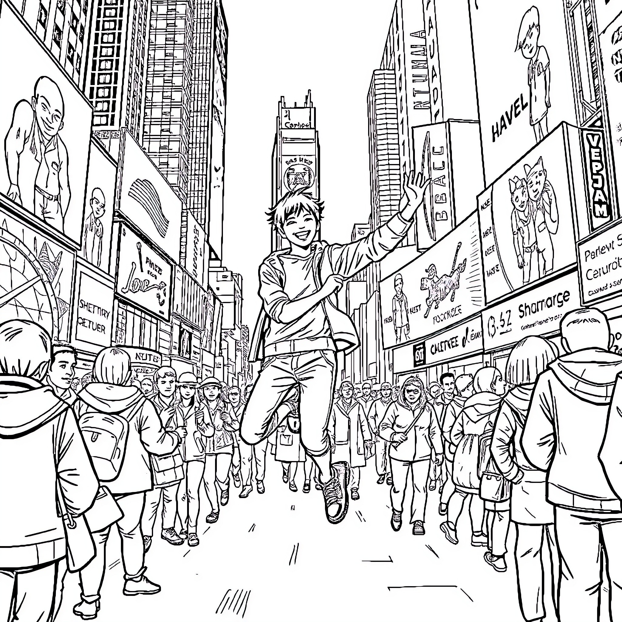 Boy navigating busy city streets with excitement Coloring Page (free black-and-white line drawing printable PDF for all, from beginners to advanced learners, including children, teens, adults, and seniors)