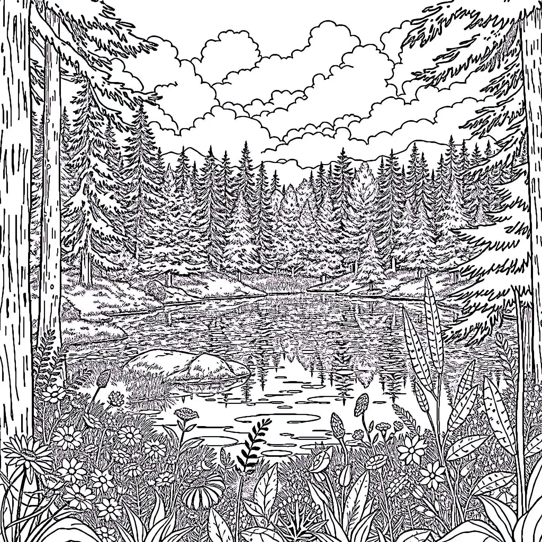 Lake Surrounded by Serene Forest Landscape Coloring Page (free black-and-white line drawing printable PDF for all, from beginners to advanced learners, including children, teens, adults, and seniors)