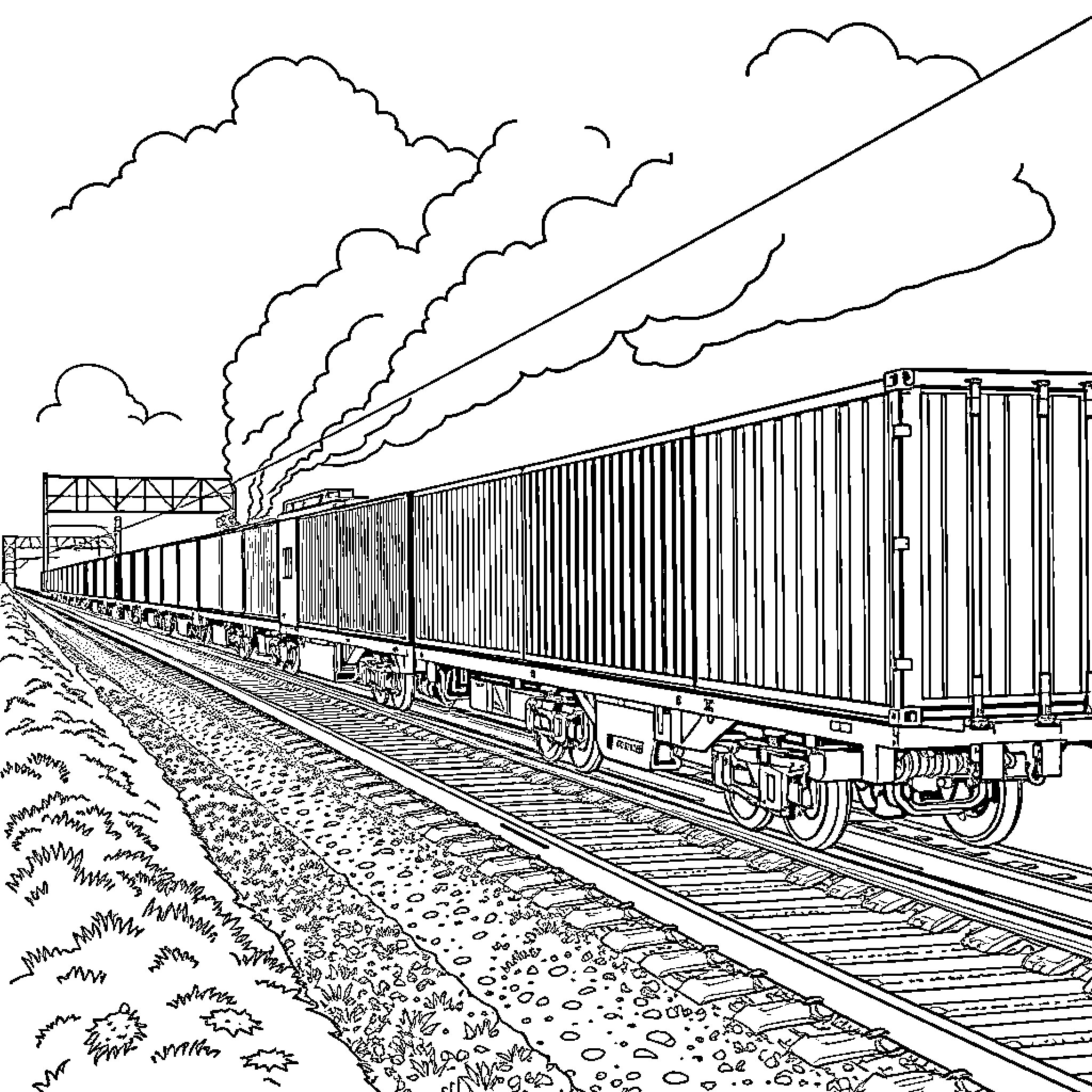 Freight Train Carrying Cargo on Tracks Through Landscape Coloring Page (free black-and-white line drawing printable PDF for all, from beginners to advanced learners, including children, teens, adults, and seniors)