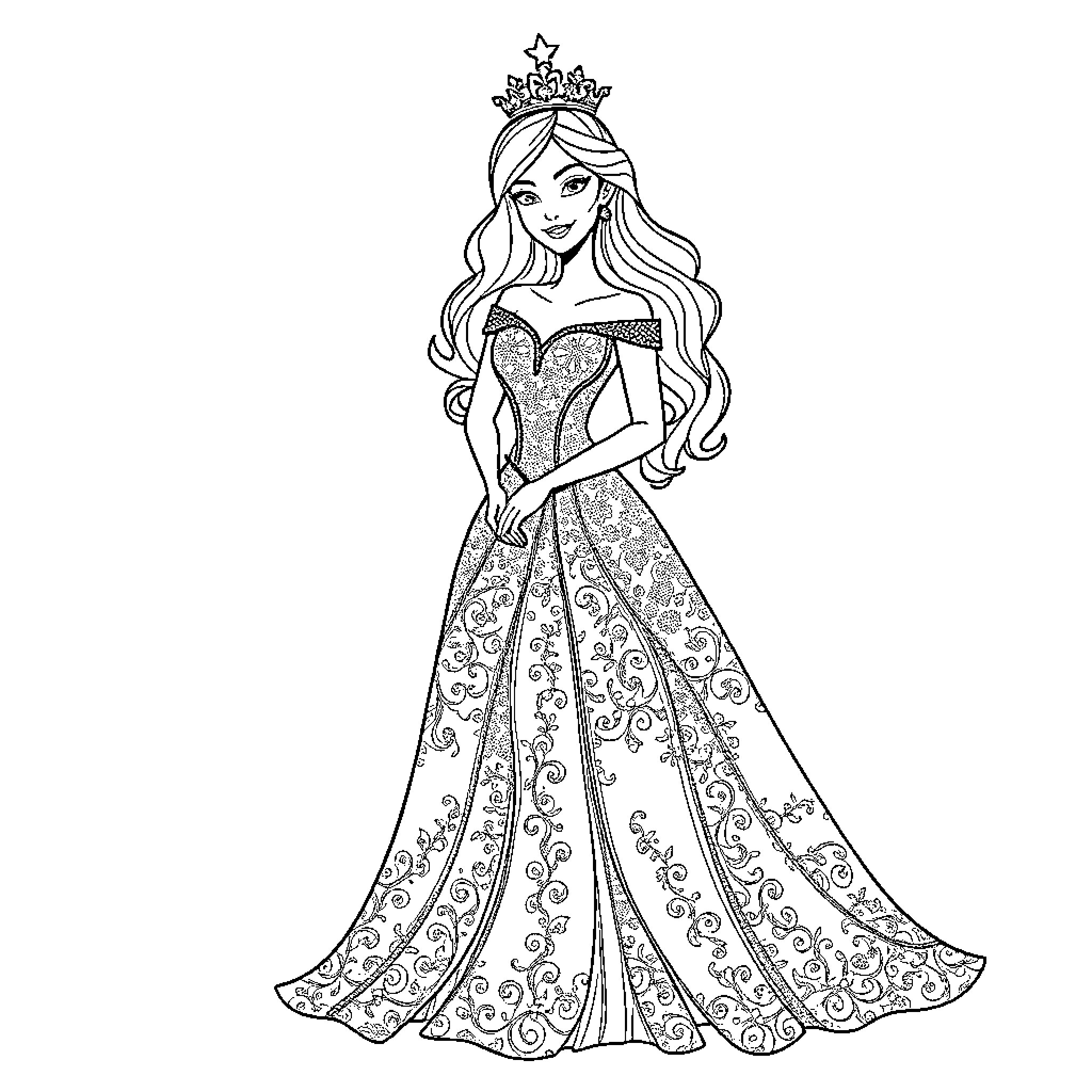 Princess in Elegant Gown and Crown Coloring Page (free black-and-white line drawing printable PDF for all, from beginners to advanced learners, including children, teens, adults, and seniors)