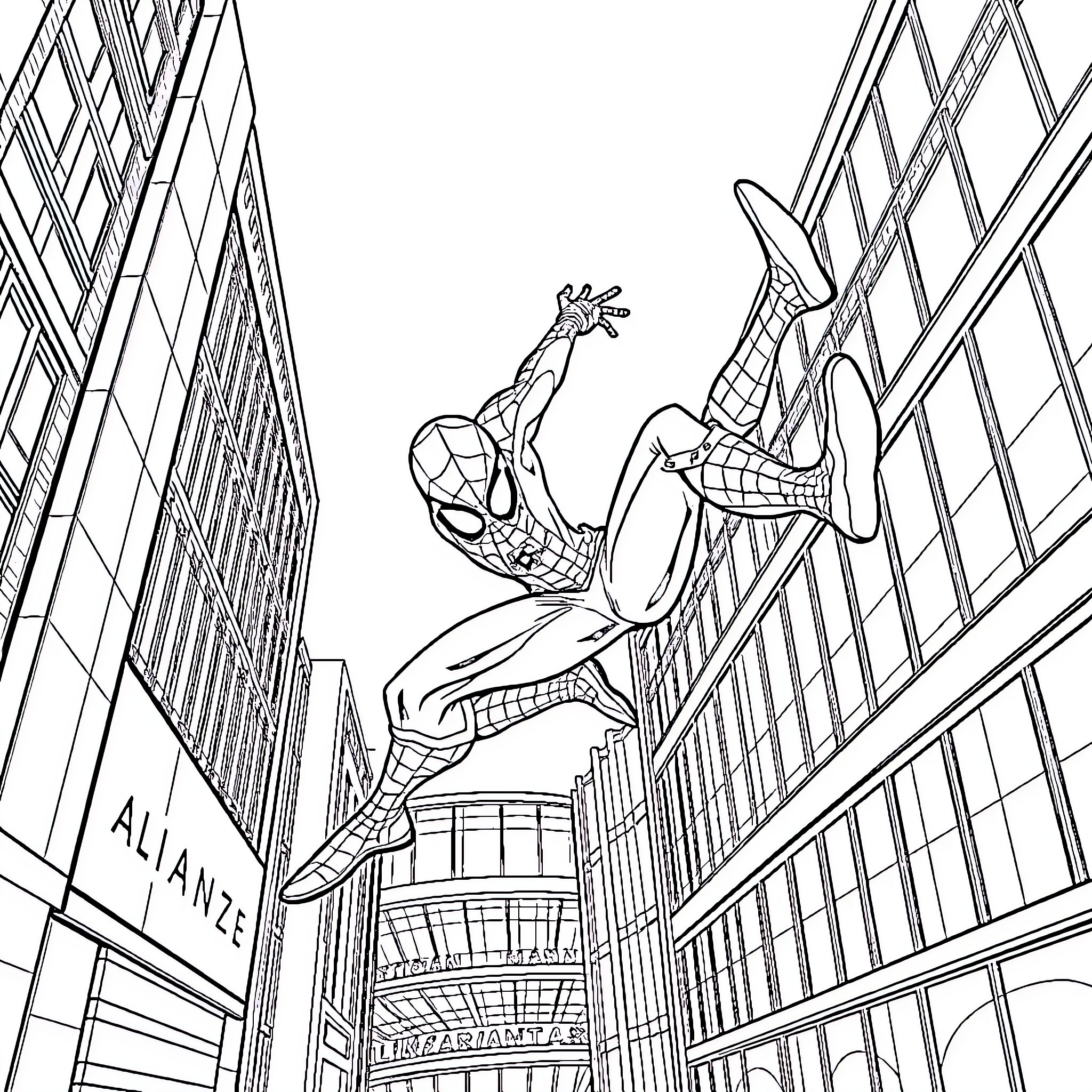 Spider-Man swinging through the city skyline Coloring Page (free black-and-white line drawing printable PDF for all, from beginners to advanced learners, including children, teens, adults, and seniors)