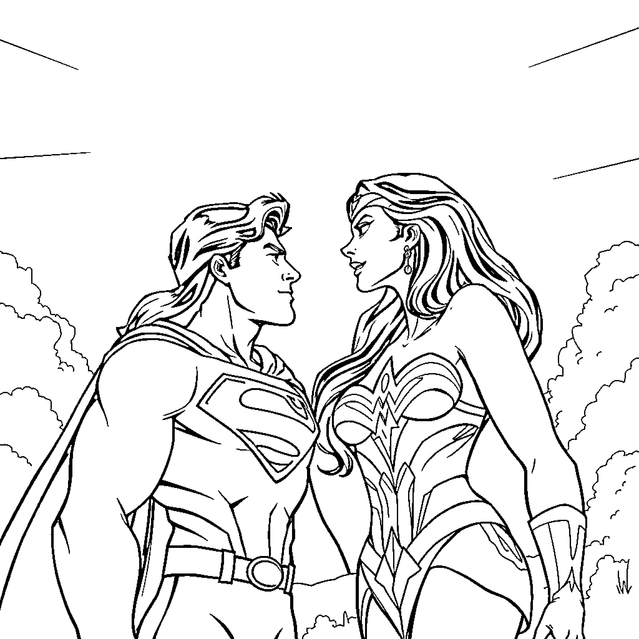 Superheroes in dramatic encounter Coloring Page (free black-and-white line drawing printable PDF for all, from beginners to advanced learners, including children, teens, adults, and seniors)
