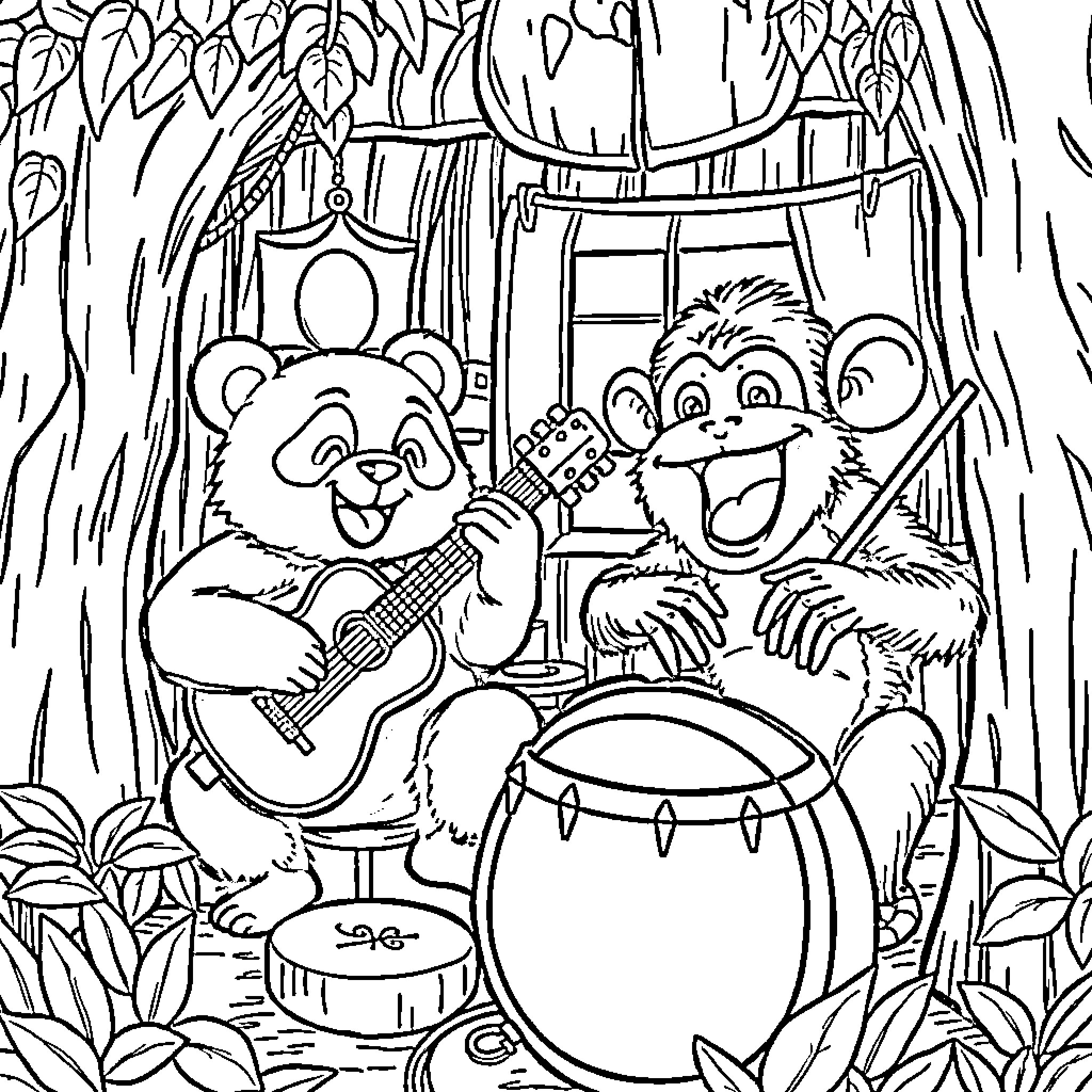 Pandas Performing Musical Instruments in the Jungle Coloring Page (free black-and-white line drawing printable PDF for all, from beginners to advanced learners, including children, teens, adults, and seniors)