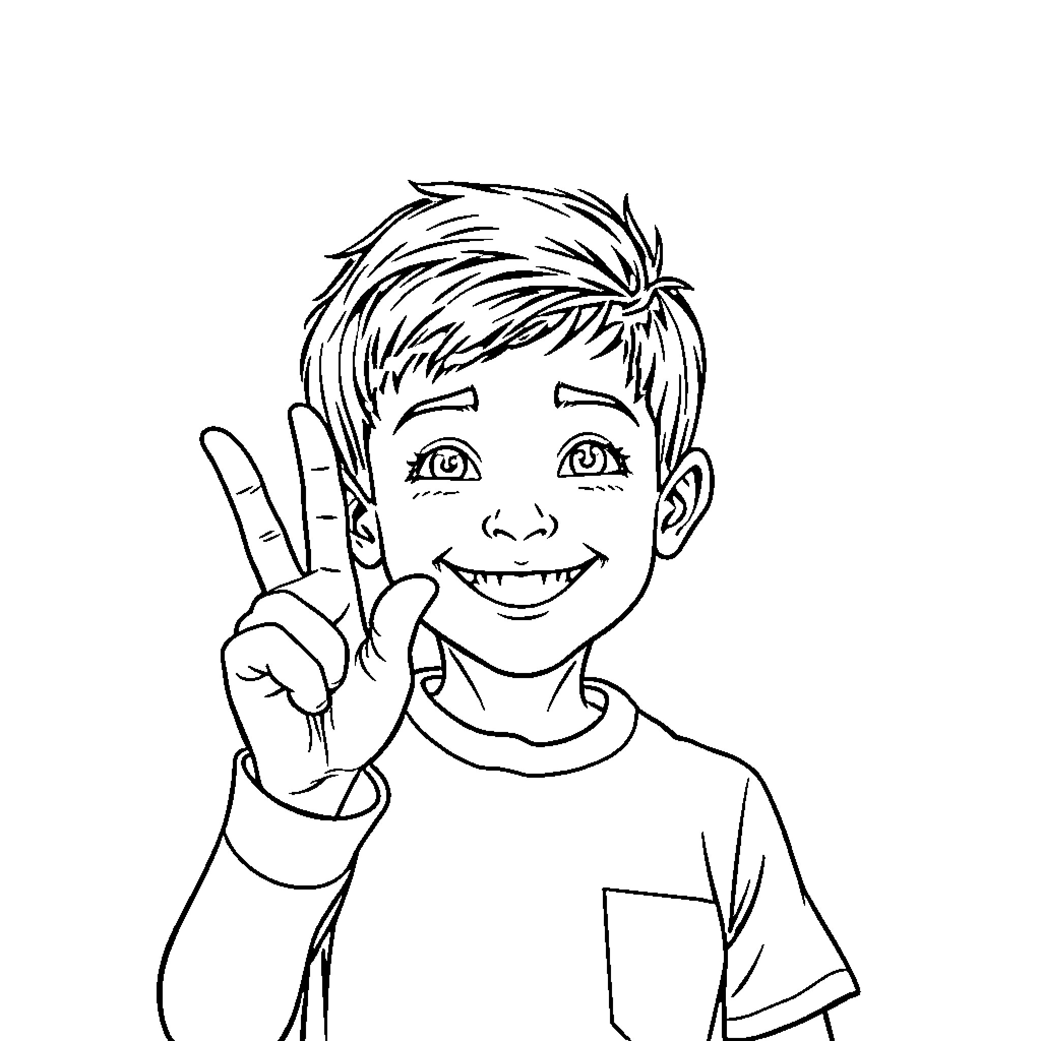 Boy making a peace sign with a happy expression Coloring Page (free black-and-white line drawing printable PDF for all, from beginners to advanced learners, including children, teens, adults, and seniors)