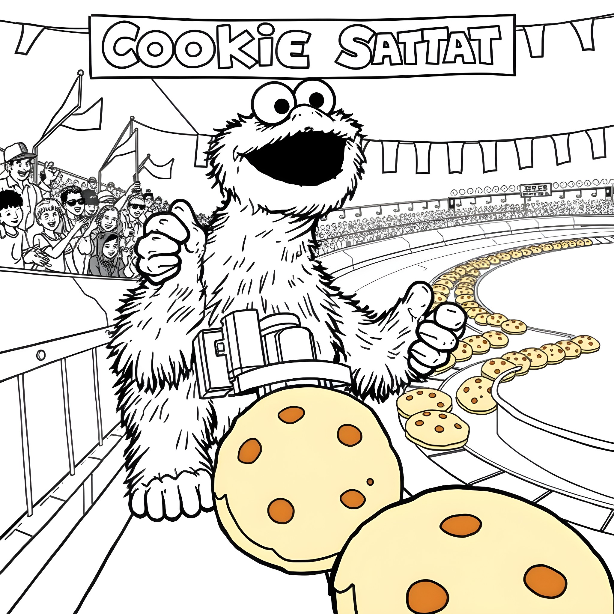 Cookie Monster playing happily with giant cookies in the arena Coloring Page (free black-and-white line drawing printable PDF for all, from beginners to advanced learners, including children, teens, adults, and seniors)