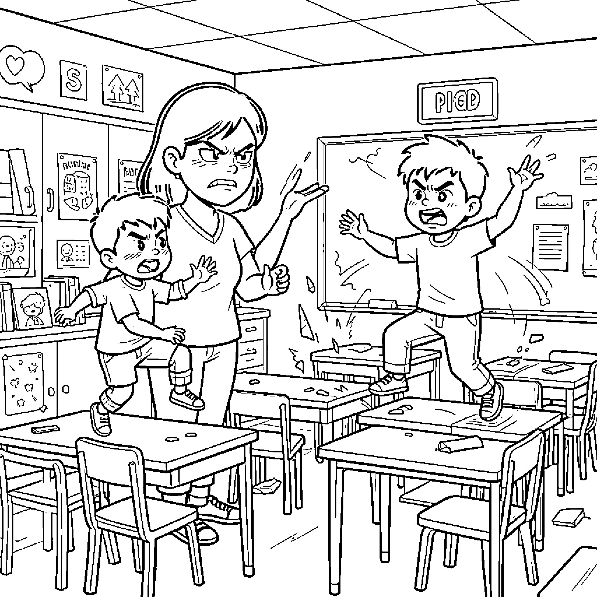 Teacher addressing disruptive students in classroom Coloring Page (free black-and-white line drawing printable PDF for all, from beginners to advanced learners, including children, teens, adults, and seniors)