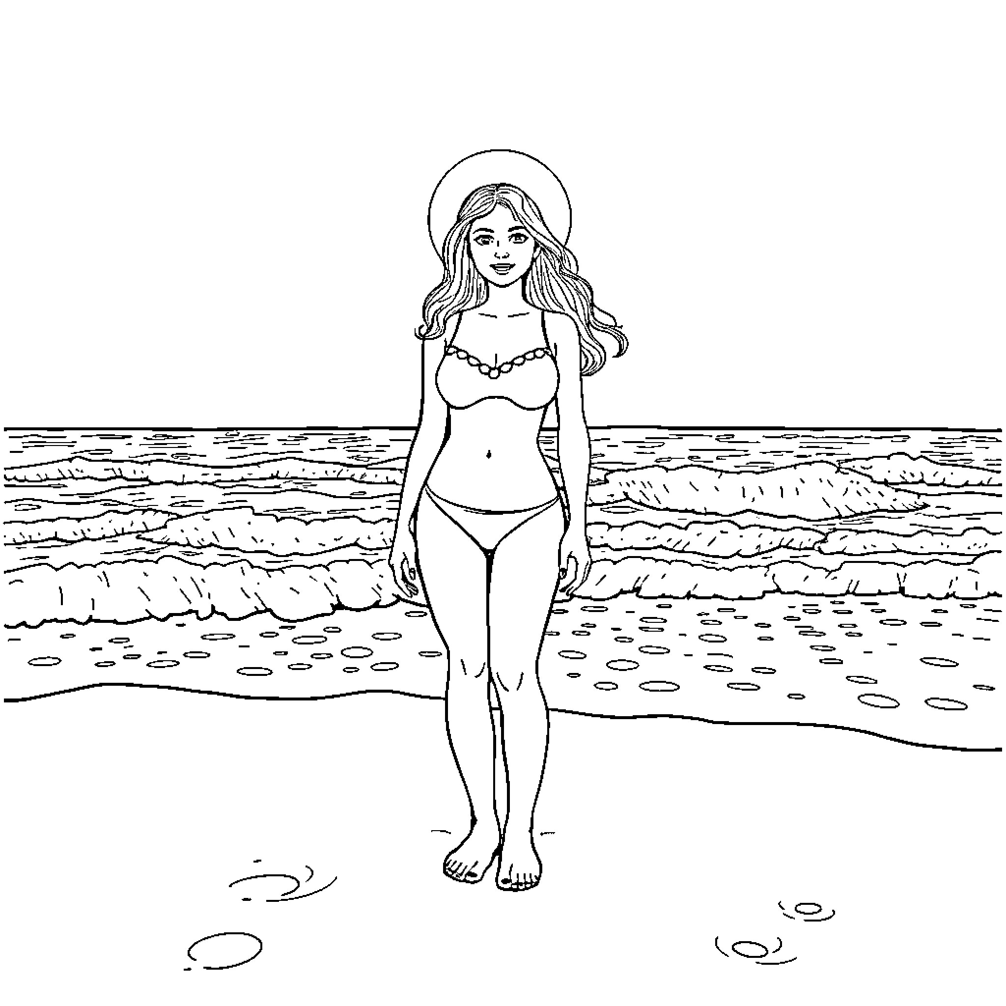 Caitlyn Kiramman enjoying a day at the beach Coloring Page (free black-and-white line drawing printable PDF for all, from beginners to advanced learners, including children, teens, adults, and seniors)