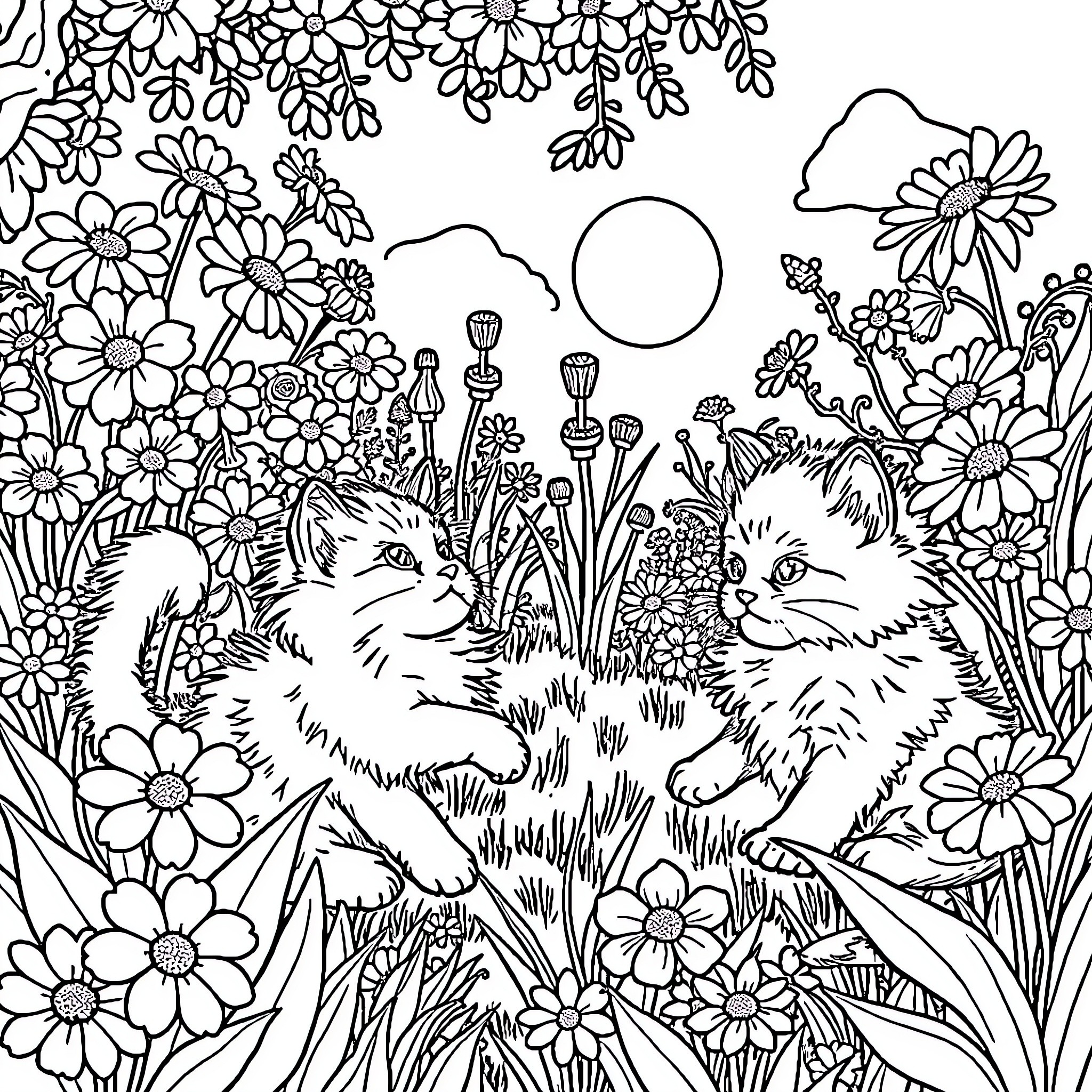 Kittens frolicking in a flower-filled meadow Coloring Page (free black-and-white line drawing printable PDF for all, from beginners to advanced learners, including children, teens, adults, and seniors)
