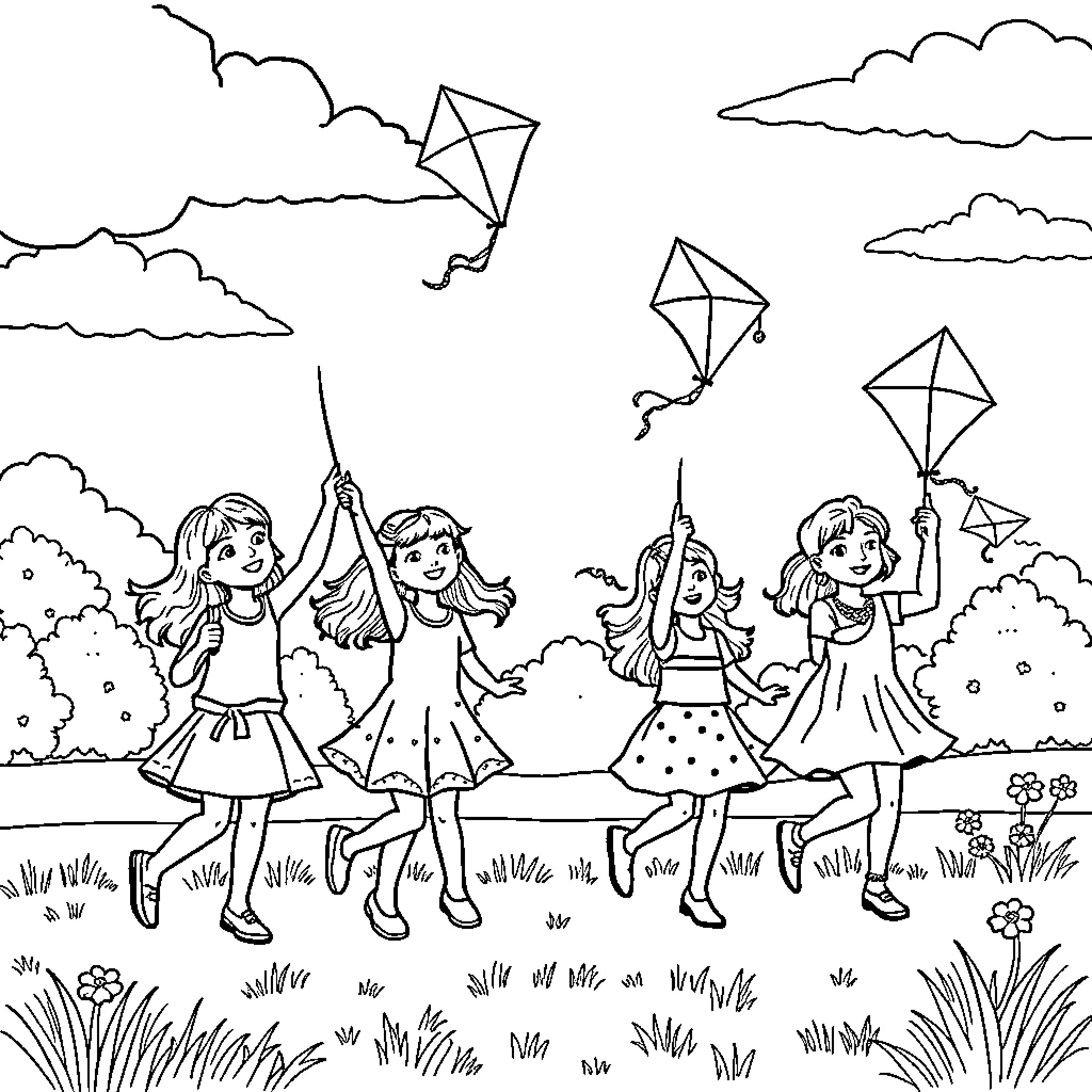 Girls flying kites in the park Coloring Page (free black-and-white line drawing printable PDF for all, from beginners to advanced learners, including children, teens, adults, and seniors)