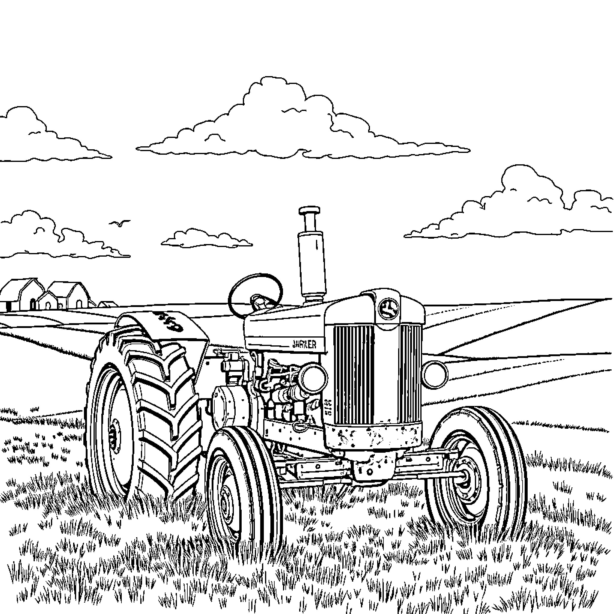 Tractor working in the countryside Coloring Page (free black-and-white line drawing printable PDF for all, from beginners to advanced learners, including children, teens, adults, and seniors)
