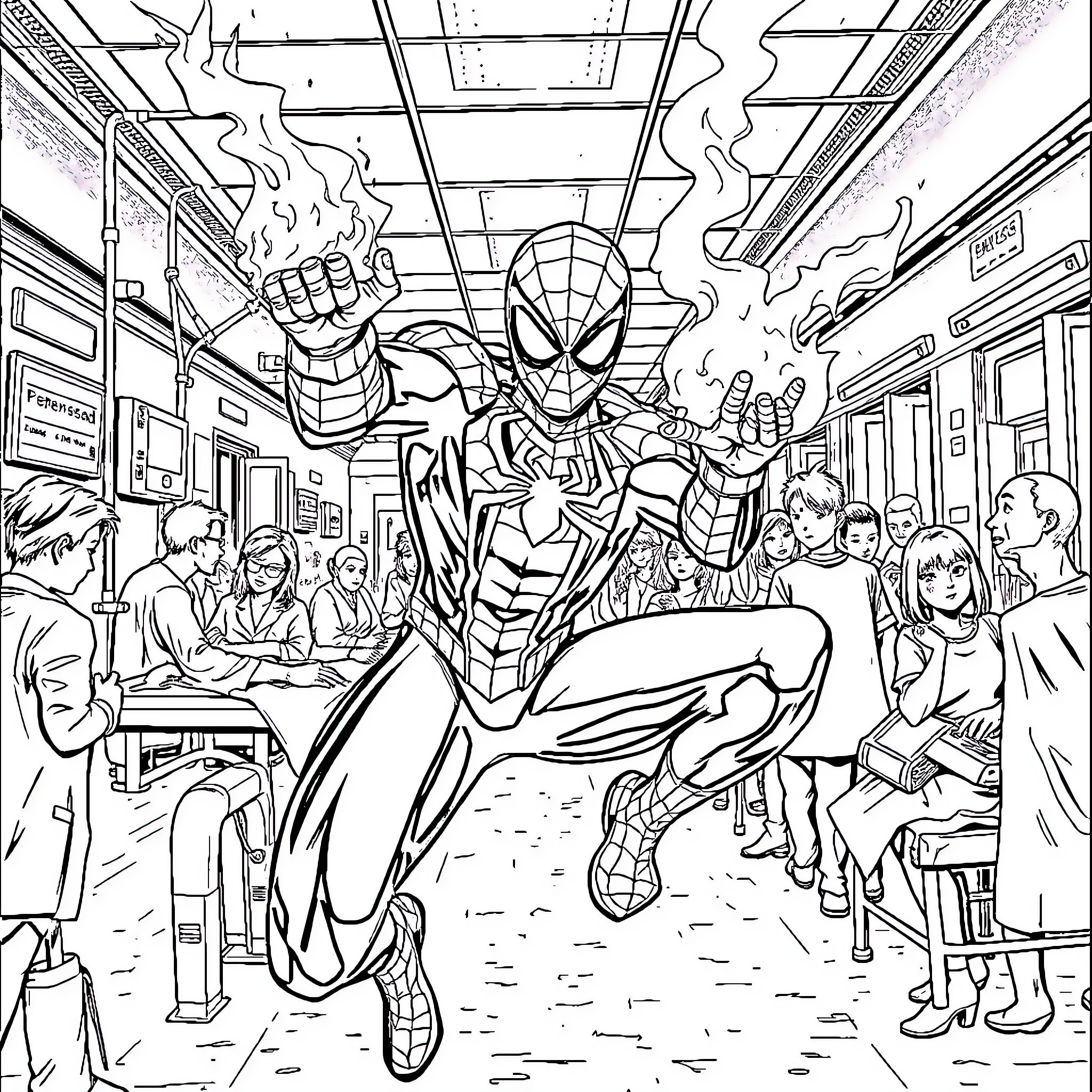 Spiderman swinging through a crowded subway car Coloring Page (free black-and-white line drawing printable PDF for all, from beginners to advanced learners, including children, teens, adults, and seniors)