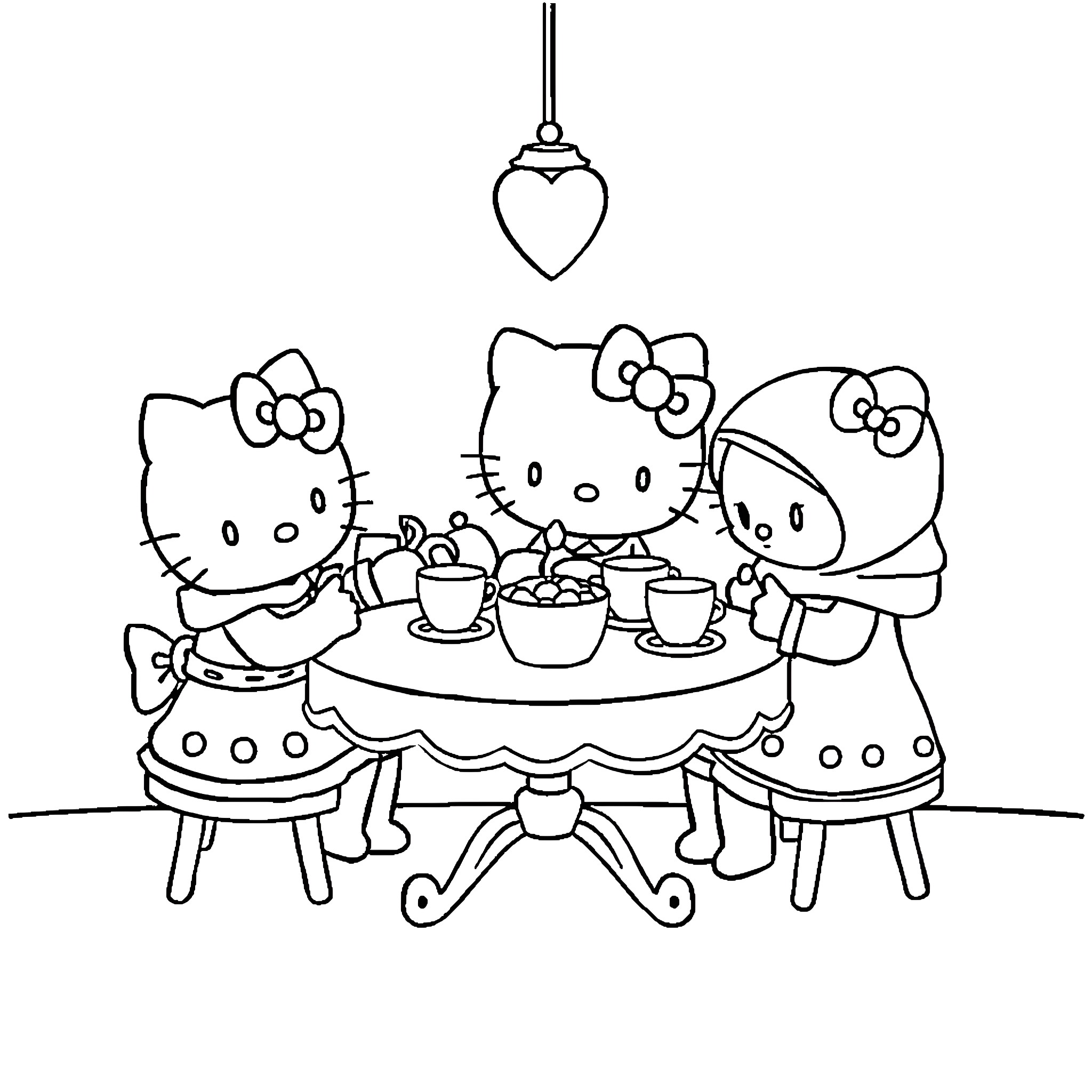 Hello Kitty and friends enjoy tea party Coloring Page (free black-and-white line drawing printable PDF for all, from beginners to advanced learners, including children, teens, adults, and seniors)
