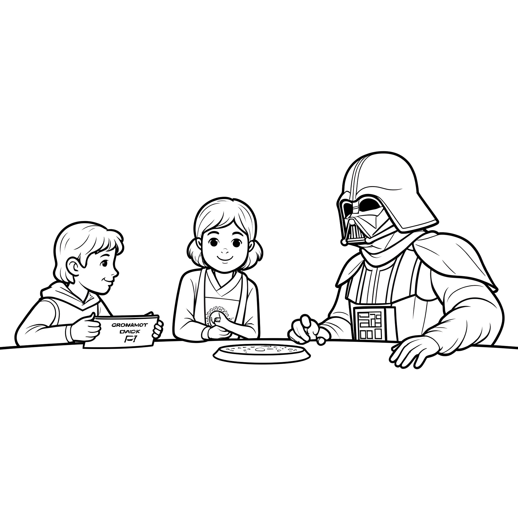 Chewbacca enjoys a meal with young companions Coloring Page (free black-and-white line drawing printable PDF for all, from beginners to advanced learners, including children, teens, adults, and seniors)