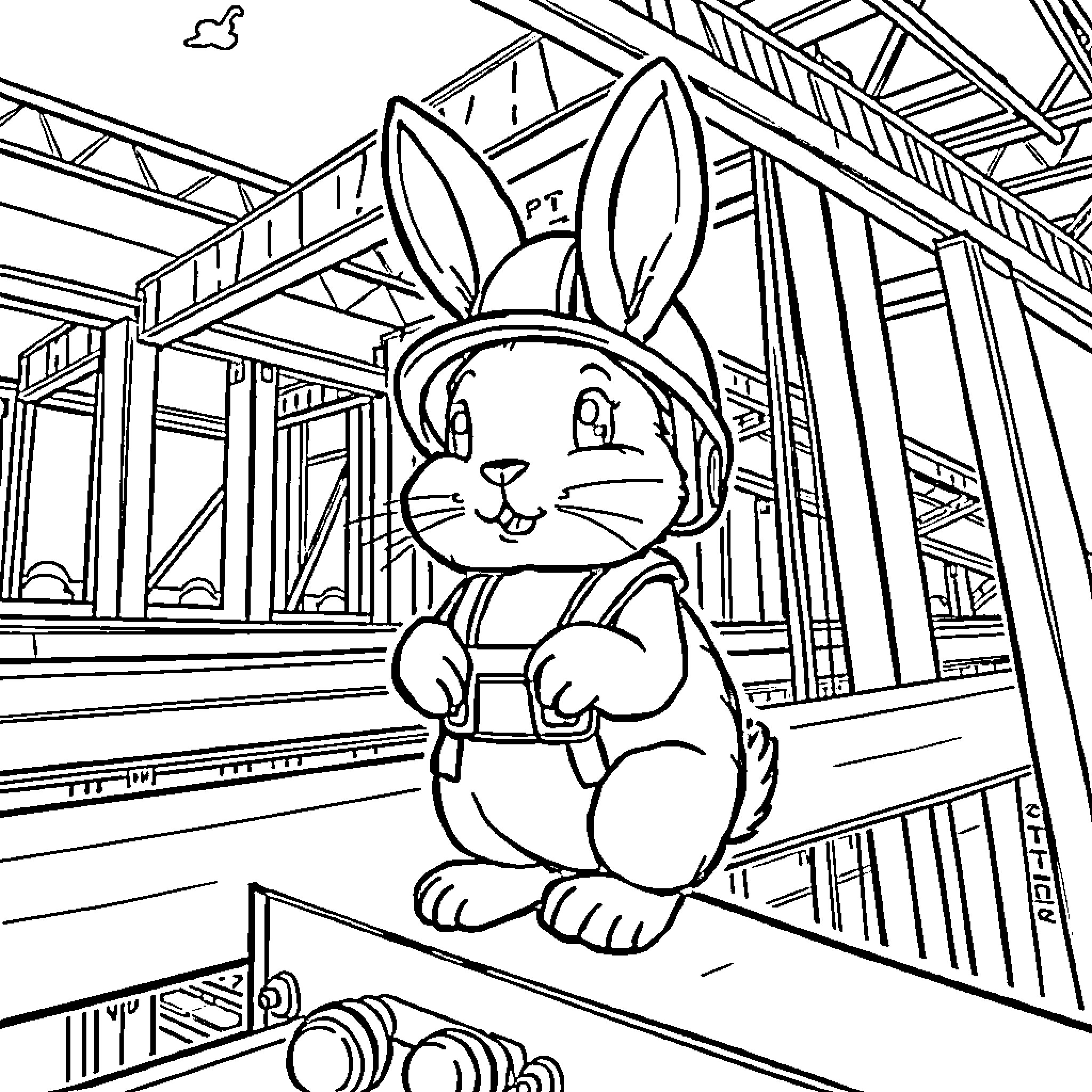 Bunny relaxing in a wooden structure Coloring Page (free black-and-white line drawing printable PDF for all, from beginners to advanced learners, including children, teens, adults, and seniors)