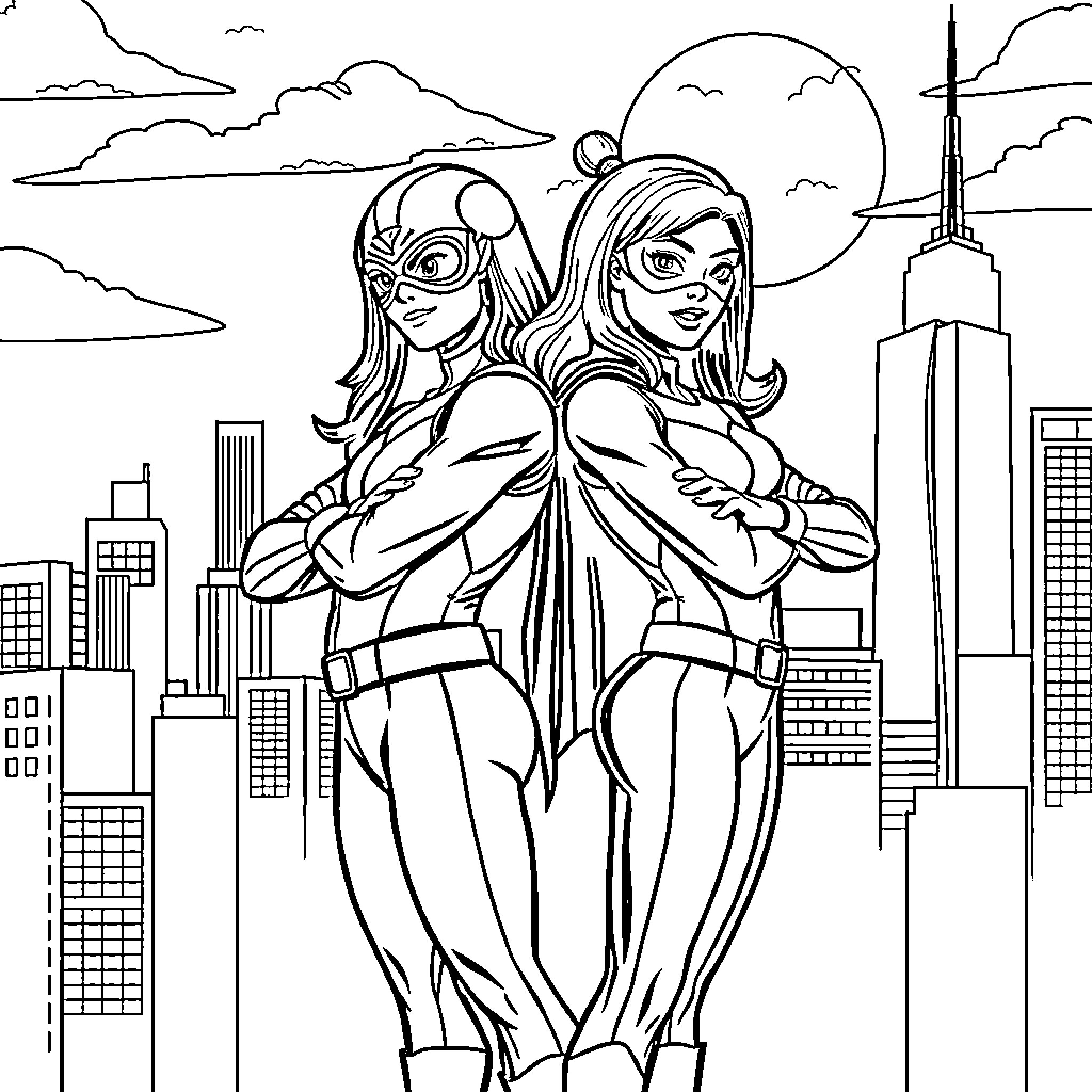 Superhero duo battling against the cityscape Coloring Page (free black-and-white line drawing printable PDF for all, from beginners to advanced learners, including children, teens, adults, and seniors)