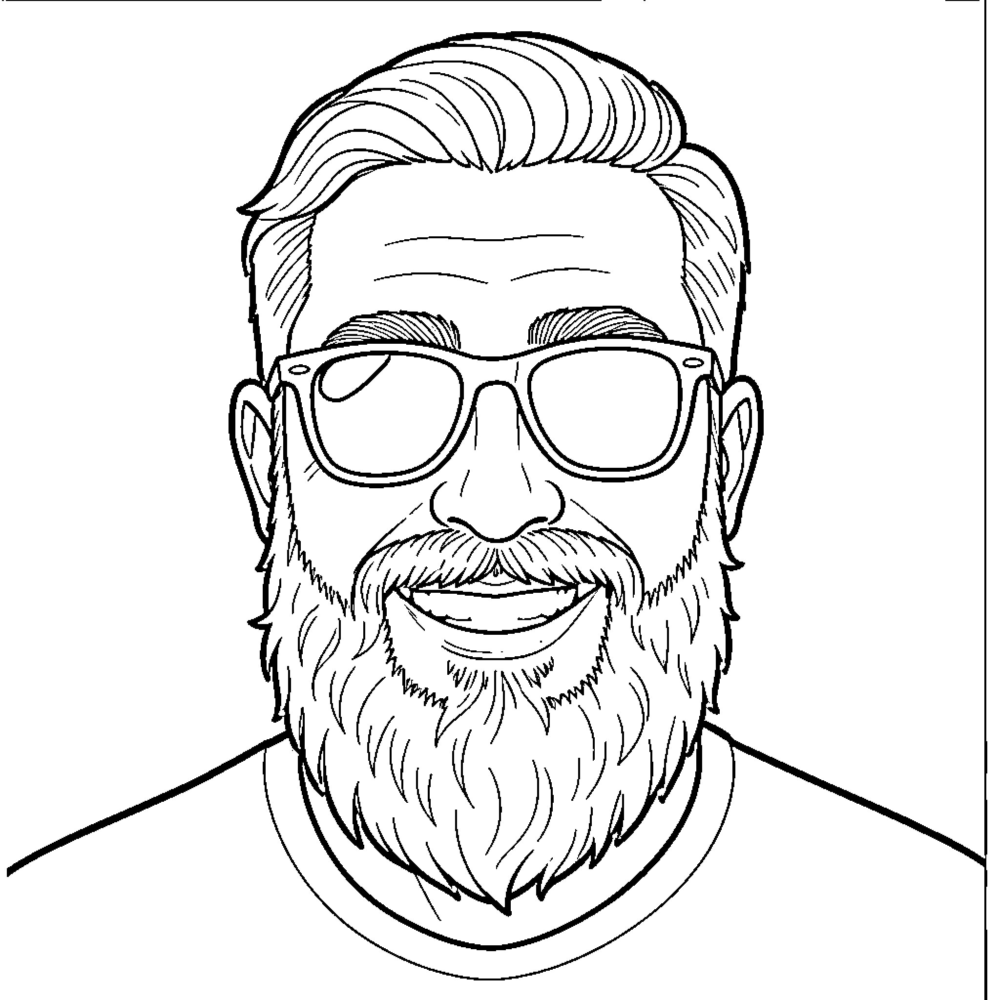 Man with stylish glasses and thick beard Coloring Page (free black-and-white line drawing printable PDF for all, from beginners to advanced learners, including children, teens, adults, and seniors)