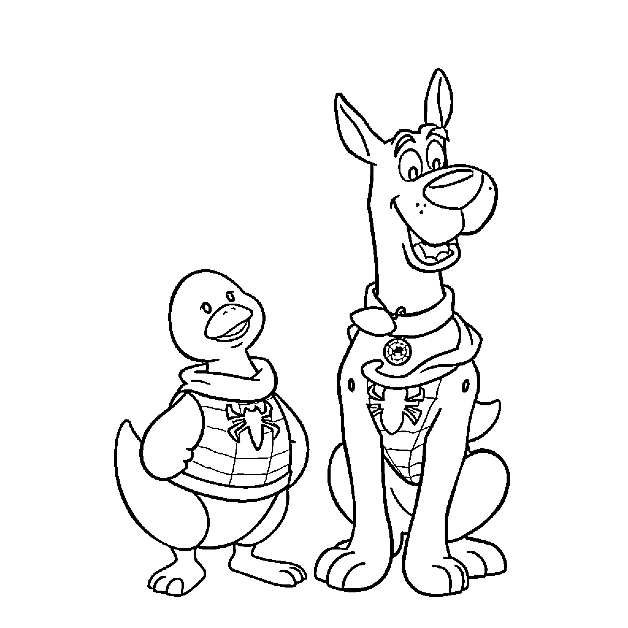 Scooby Doo and Scrappy Doo posing together Coloring Page (free black-and-white line drawing printable PDF for all, from beginners to advanced learners, including children, teens, adults, and seniors)