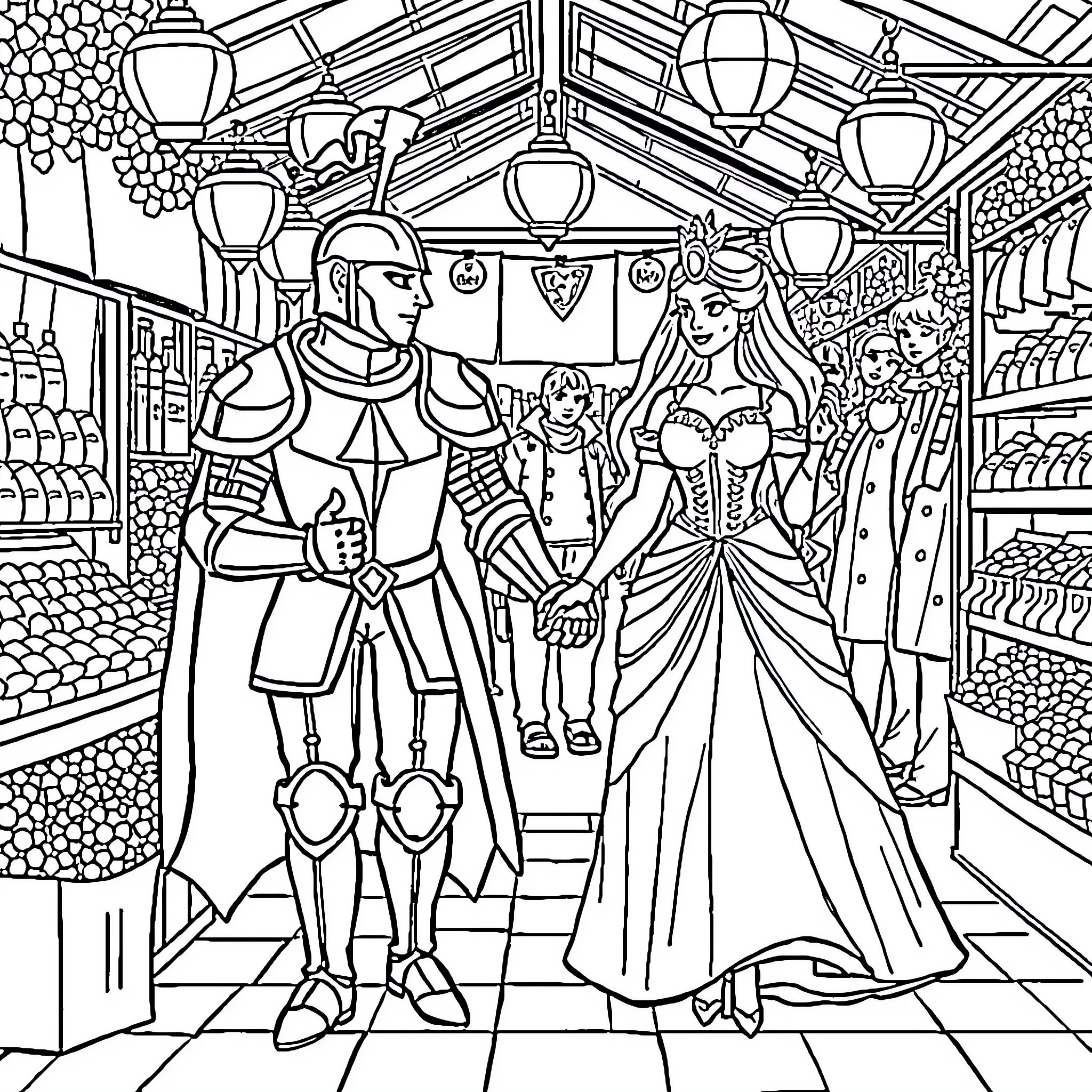 Knight and Princess in Fantastical Market Scene Coloring Page (free black-and-white line drawing printable PDF for all, from beginners to advanced learners, including children, teens, adults, and seniors)