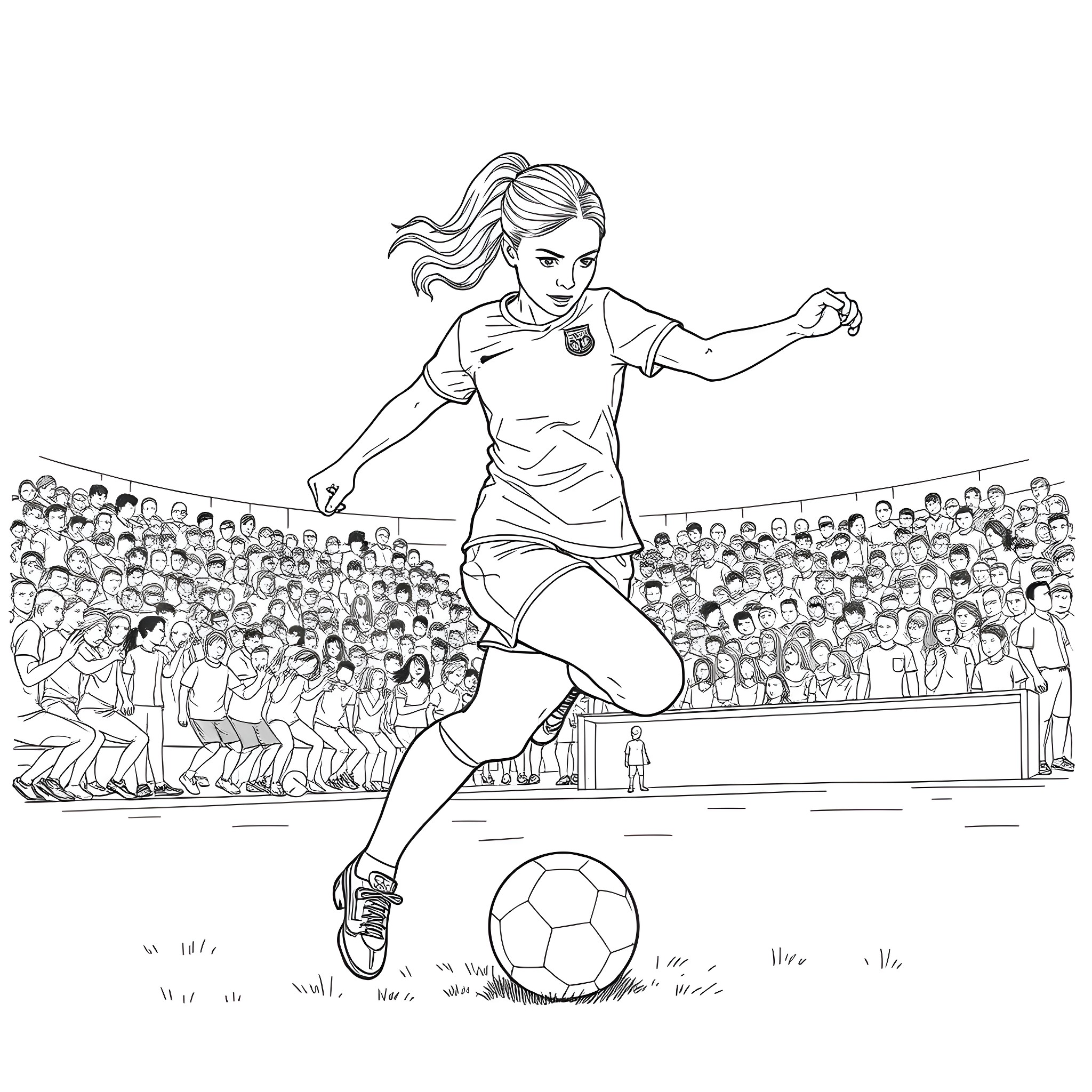 Woman playing soccer on the field surrounded by crowd Coloring Page (free black-and-white line drawing printable PDF for all, from beginners to advanced learners, including children, teens, adults, and seniors)