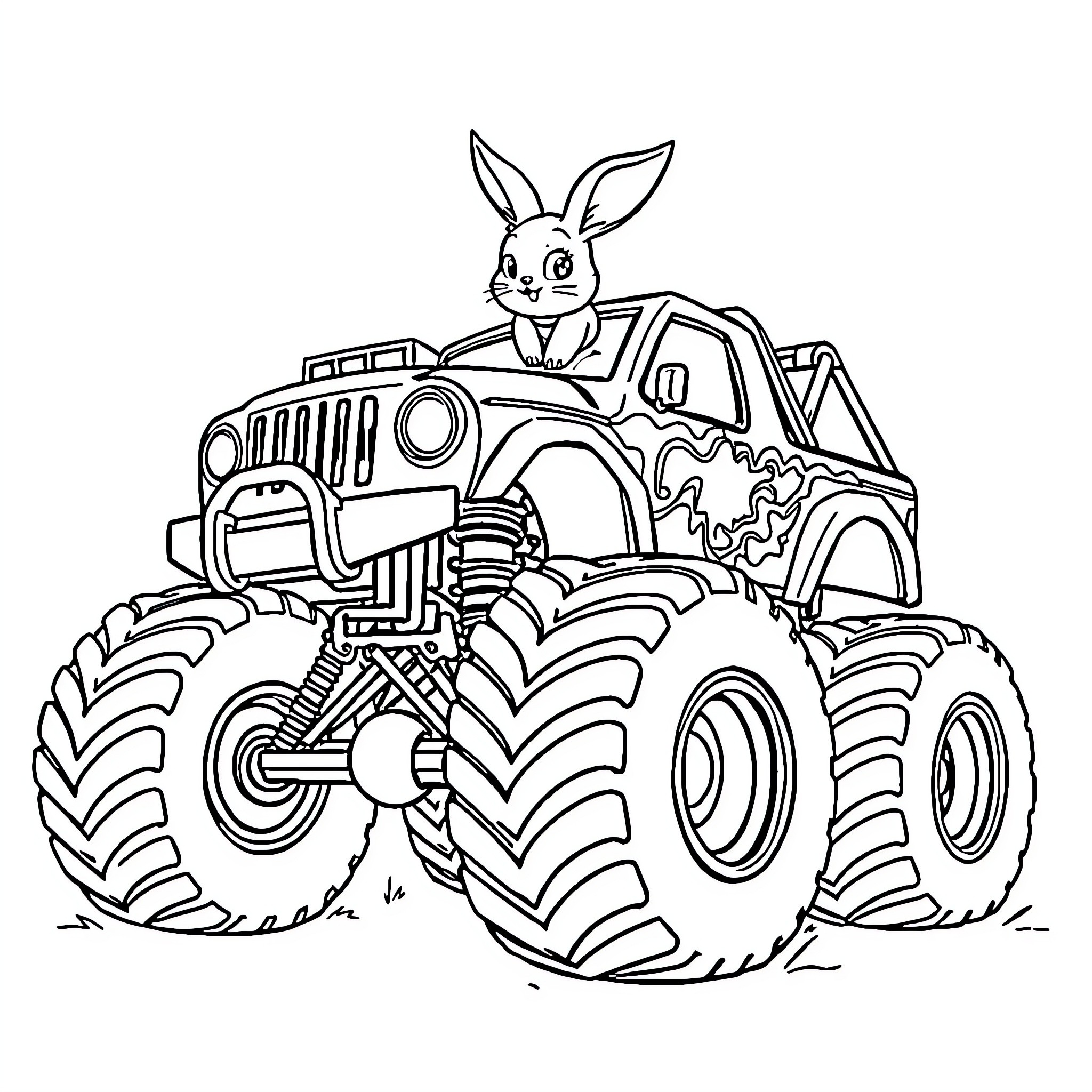 Monster Truck Driven by Rabbit with Excitement Coloring Page (free black-and-white line drawing printable PDF for all, from beginners to advanced learners, including children, teens, adults, and seniors)