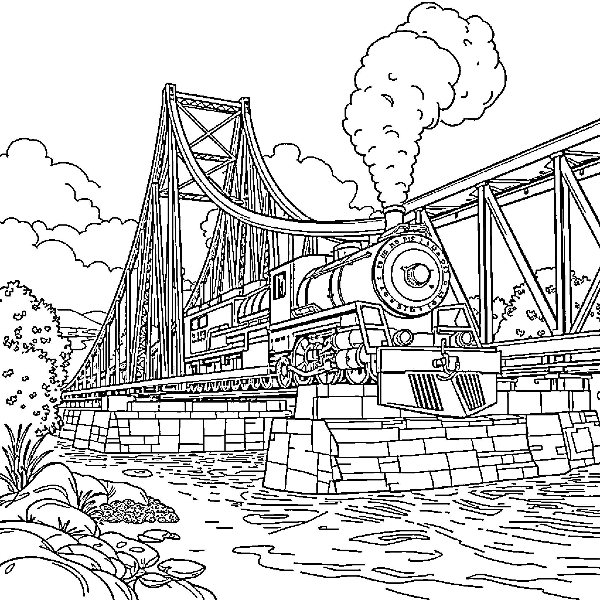Locomotive crossing a grand bridge over water Coloring Page (free black-and-white line drawing printable PDF for all, from beginners to advanced learners, including children, teens, adults, and seniors)