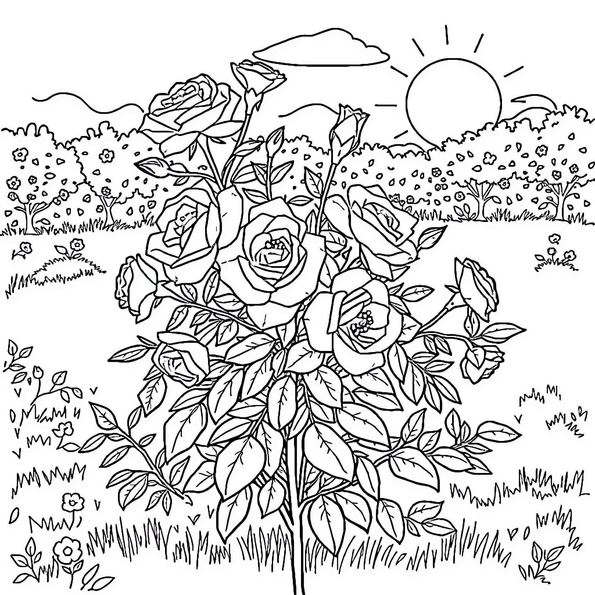Rose garden blooming under the bright sun Coloring Page (free black-and-white line drawing printable PDF for all, from beginners to advanced learners, including children, teens, adults, and seniors)