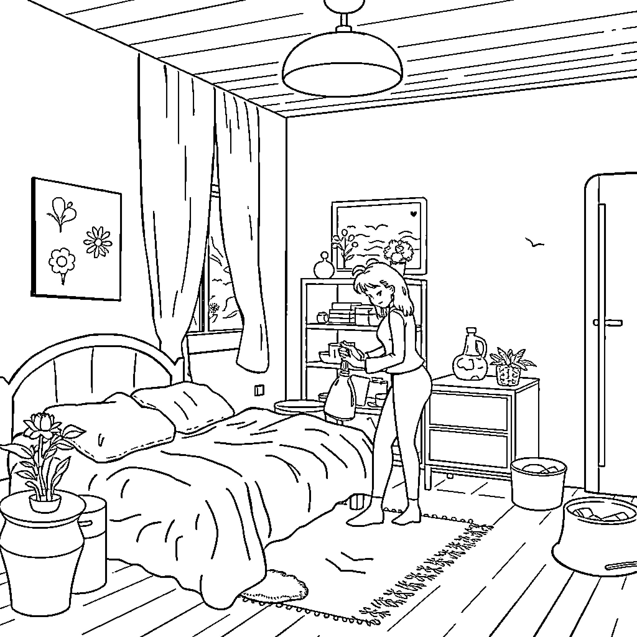 Kamermeisje cleaning a tidy bedroom Coloring Page (free black-and-white line drawing printable PDF for all, from beginners to advanced learners, including children, teens, adults, and seniors)