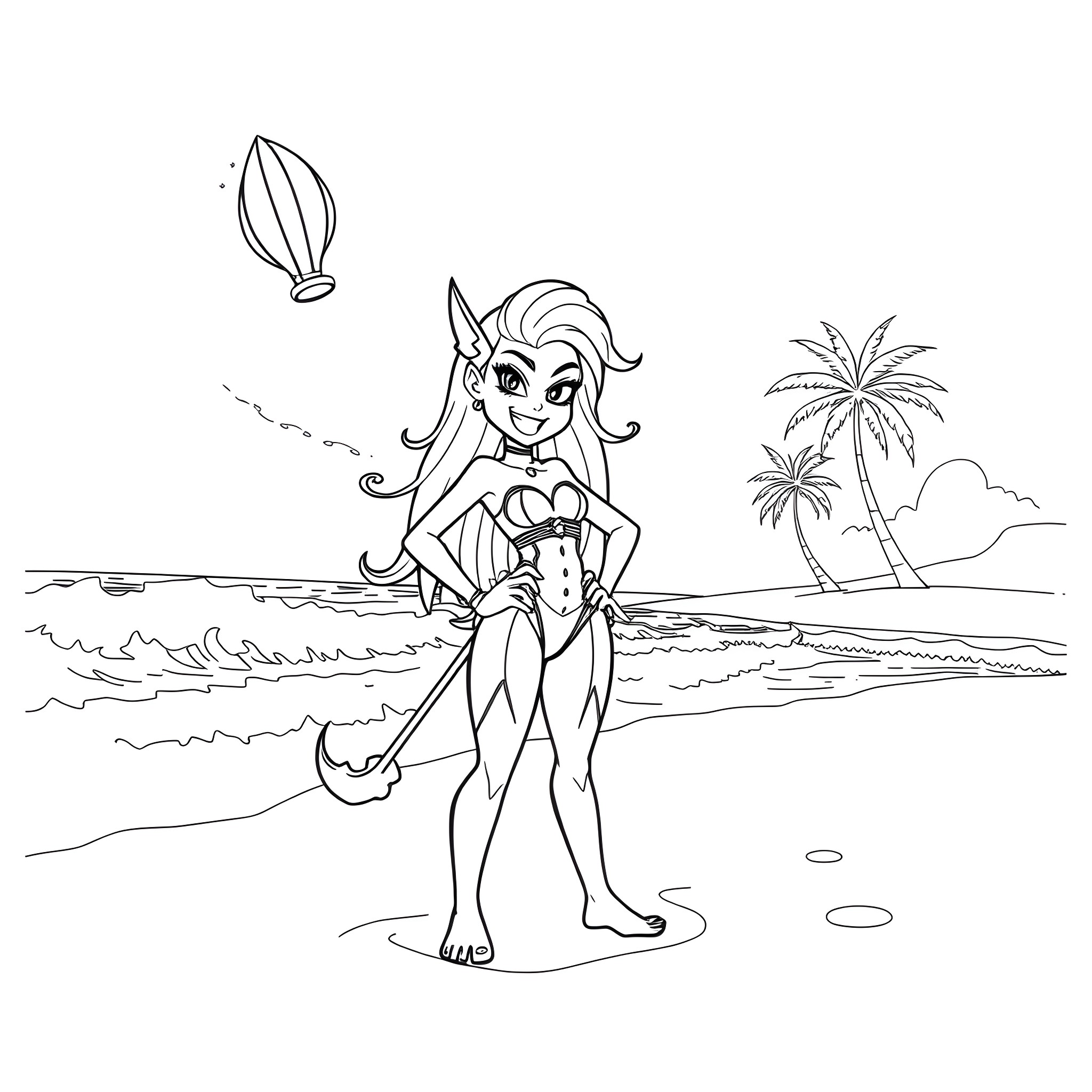 Jinx enjoying a sunny day at the beach Coloring Page (free black-and-white line drawing printable PDF for all, from beginners to advanced learners, including children, teens, adults, and seniors)