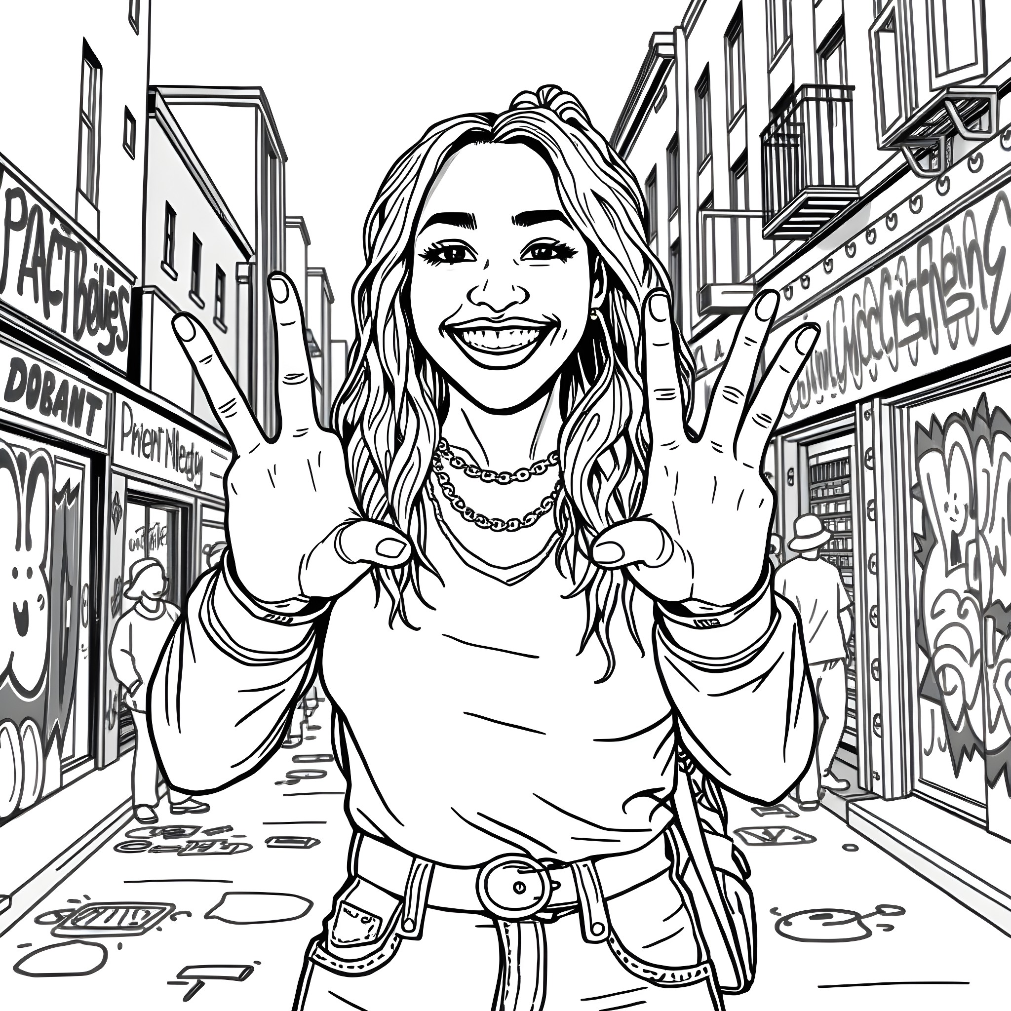 Mikaela Bannister's Fun and Vibrant Street Scene Coloring Page (free black-and-white line drawing printable PDF for all, from beginners to advanced learners, including children, teens, adults, and seniors)