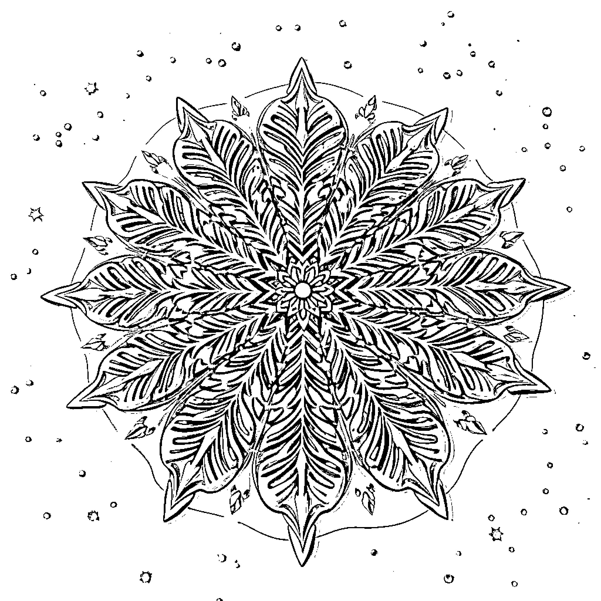 Mandala with intricate feathered patterns Coloring Page (free black-and-white line drawing printable PDF for all, from beginners to advanced learners, including children, teens, adults, and seniors)