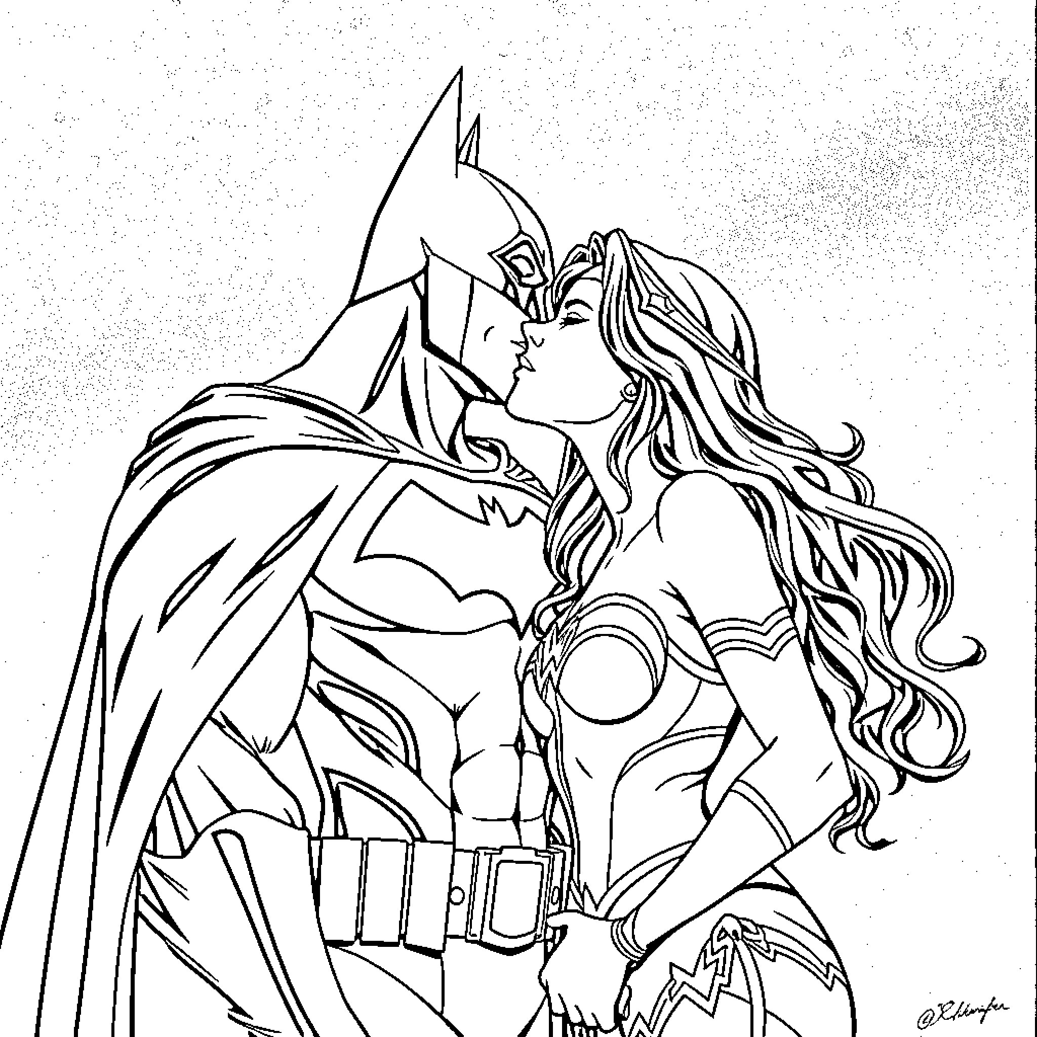 Batman embracing Wonder Woman in romantic gesture Coloring Page (free black-and-white line drawing printable PDF for all, from beginners to advanced learners, including children, teens, adults, and seniors)