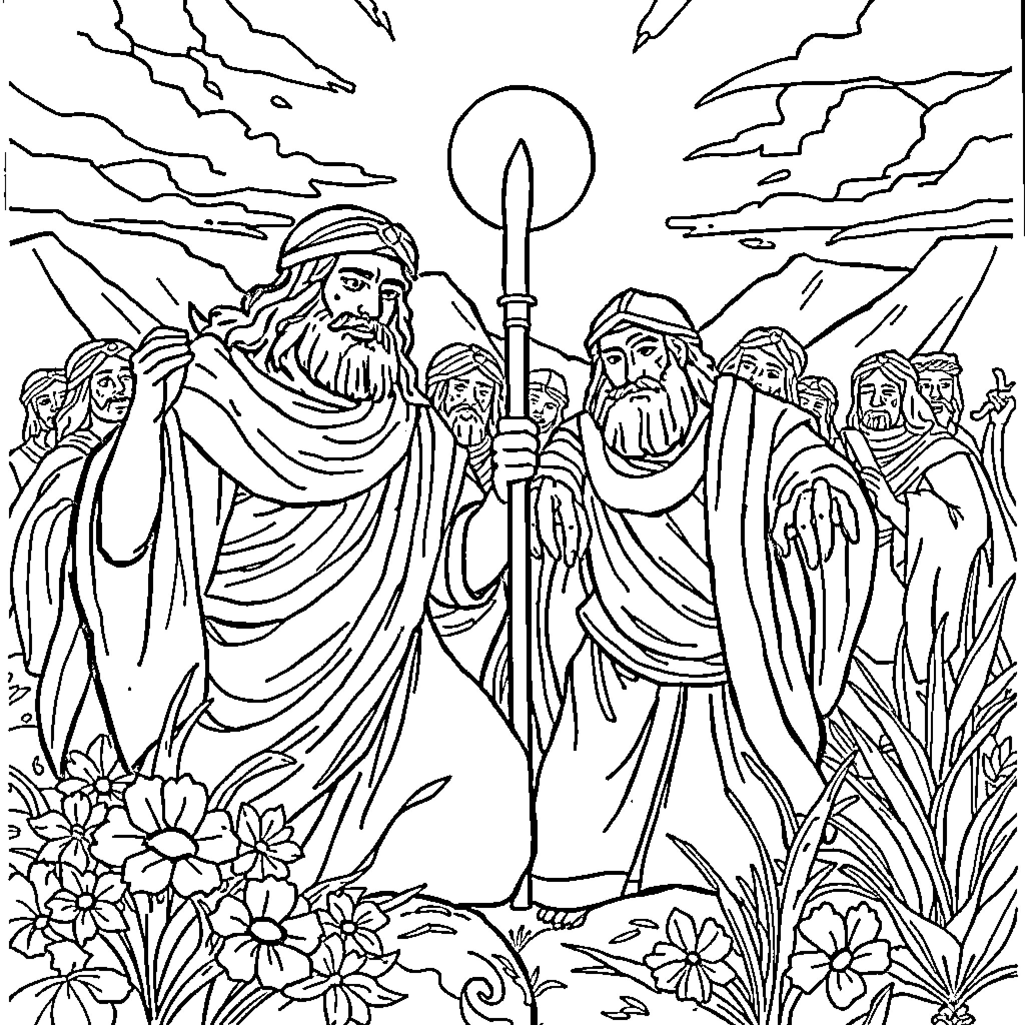 Heroes on a Sacred Journey Coloring Page (free black-and-white line drawing printable PDF for all, from beginners to advanced learners, including children, teens, adults, and seniors)