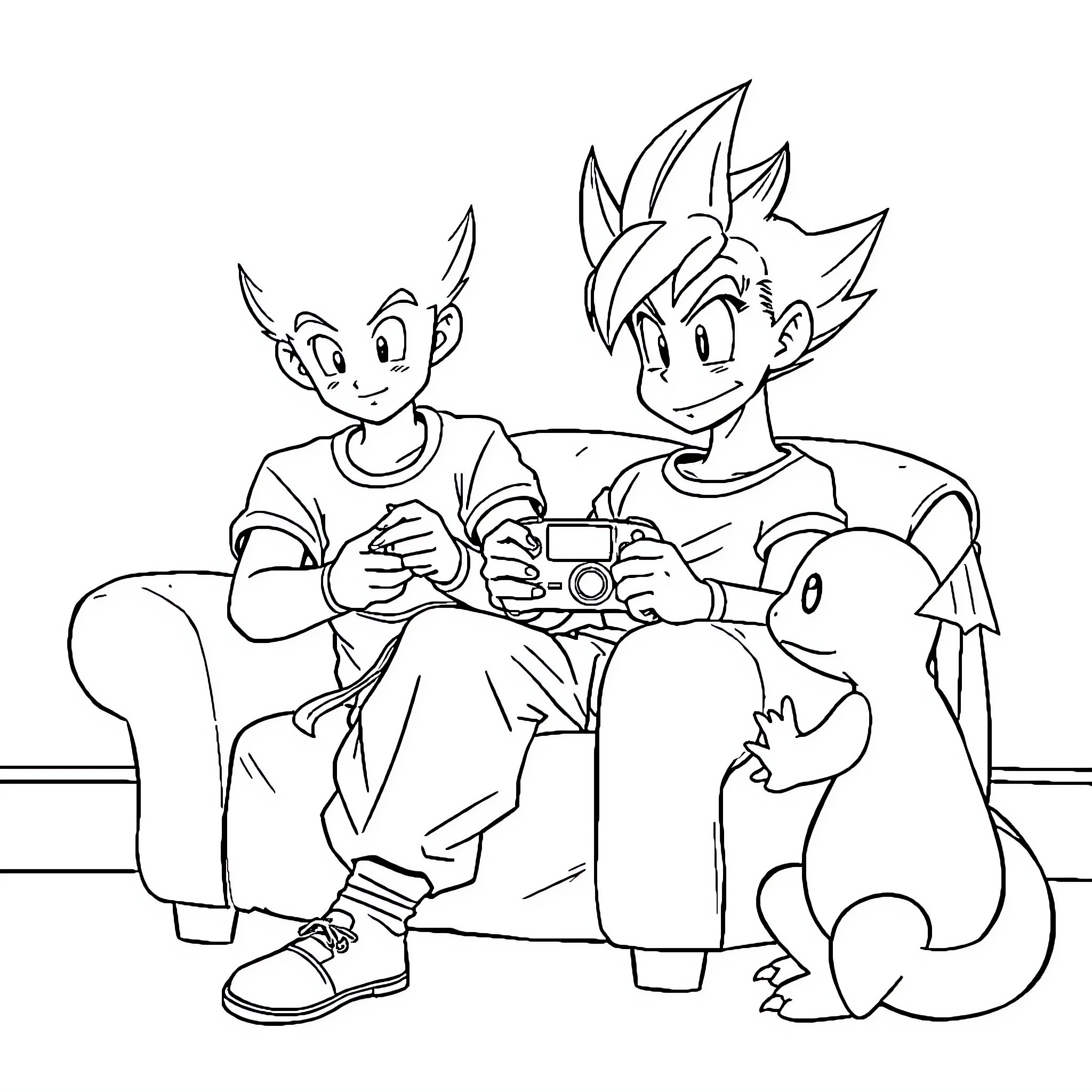 Gohan enjoying video games with friends Coloring Page (free black-and-white line drawing printable PDF for all, from beginners to advanced learners, including children, teens, adults, and seniors)