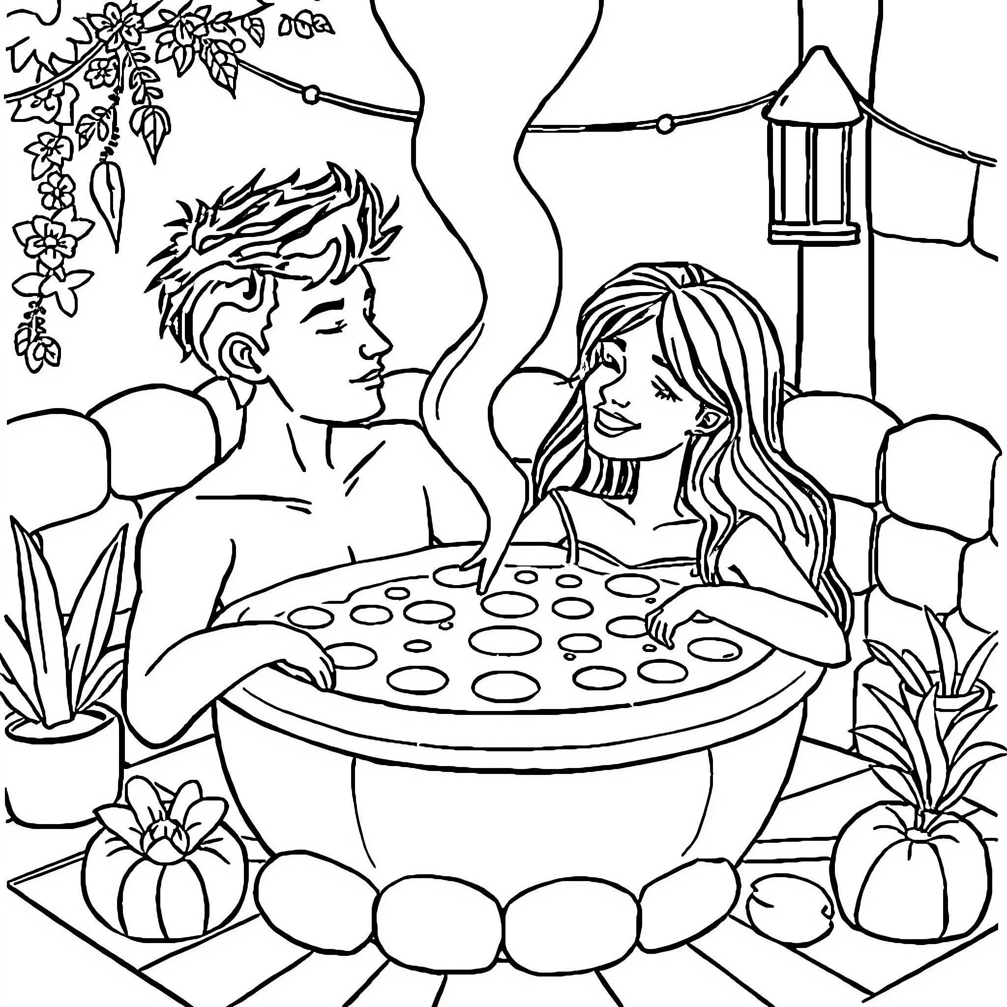 Bestie enjoying a relaxing moment together Coloring Page (free black-and-white line drawing printable PDF for all, from beginners to advanced learners, including children, teens, adults, and seniors)