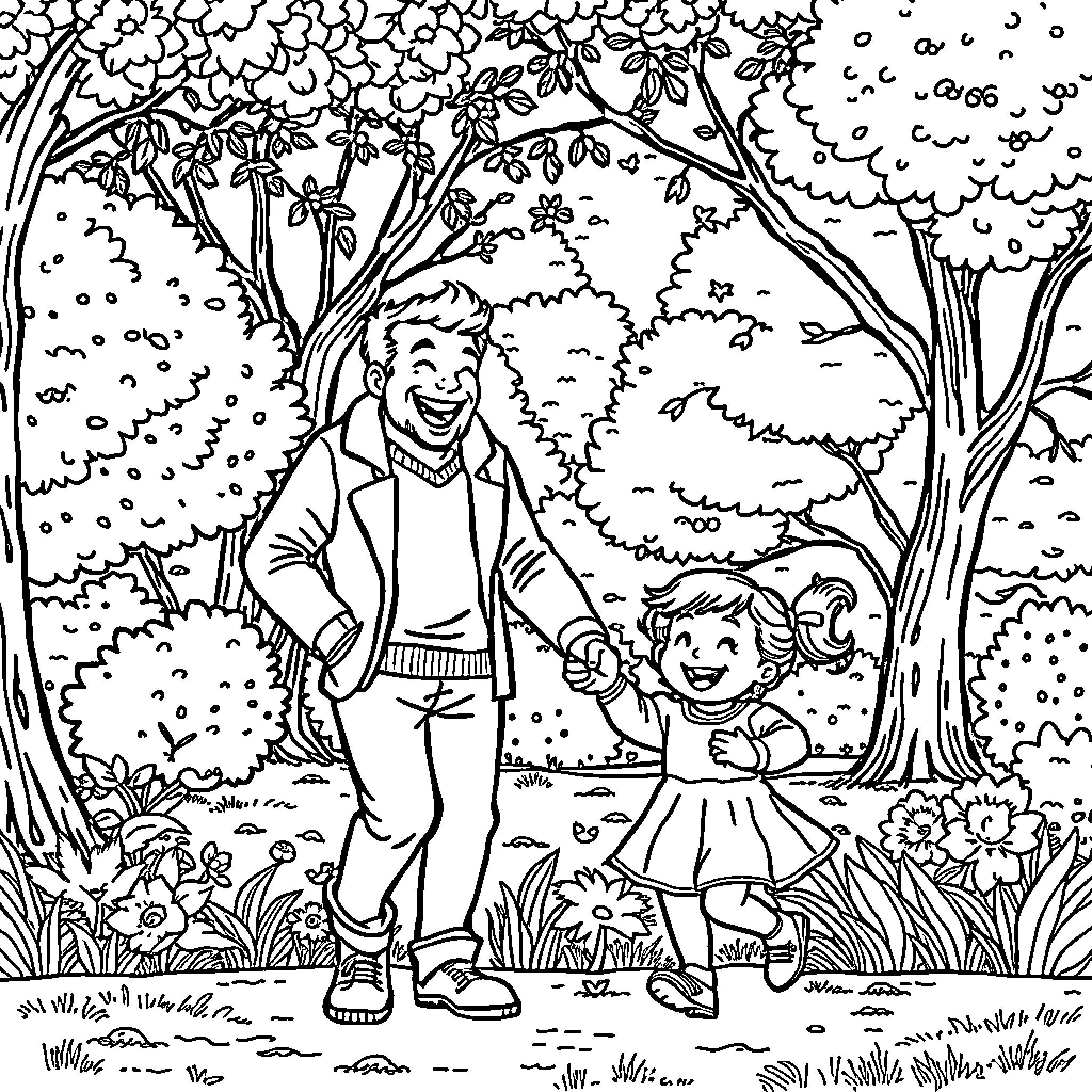 Grandfather and grandchild playing in the park Coloring Page (free black-and-white line drawing printable PDF for all, from beginners to advanced learners, including children, teens, adults, and seniors)