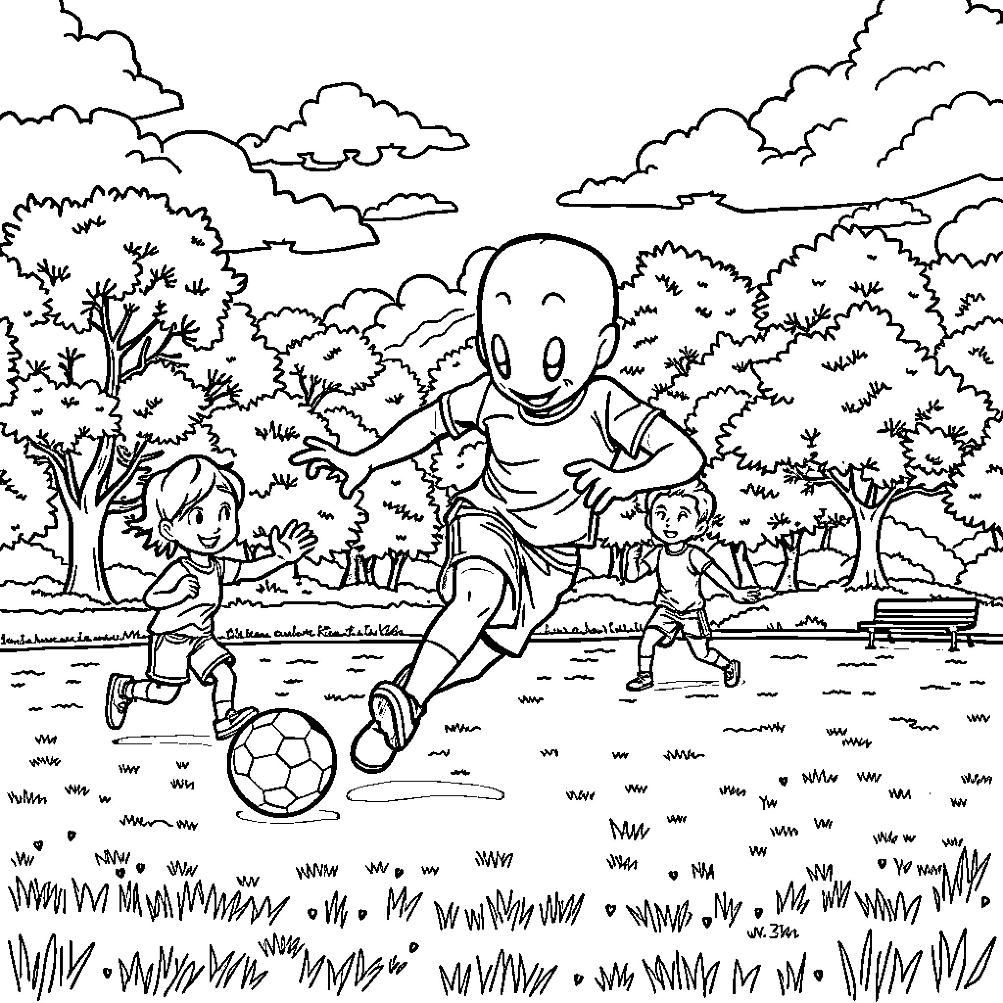 Kaws characters playing soccer in a park Coloring Page (free black-and-white line drawing printable PDF for all, from beginners to advanced learners, including children, teens, adults, and seniors)