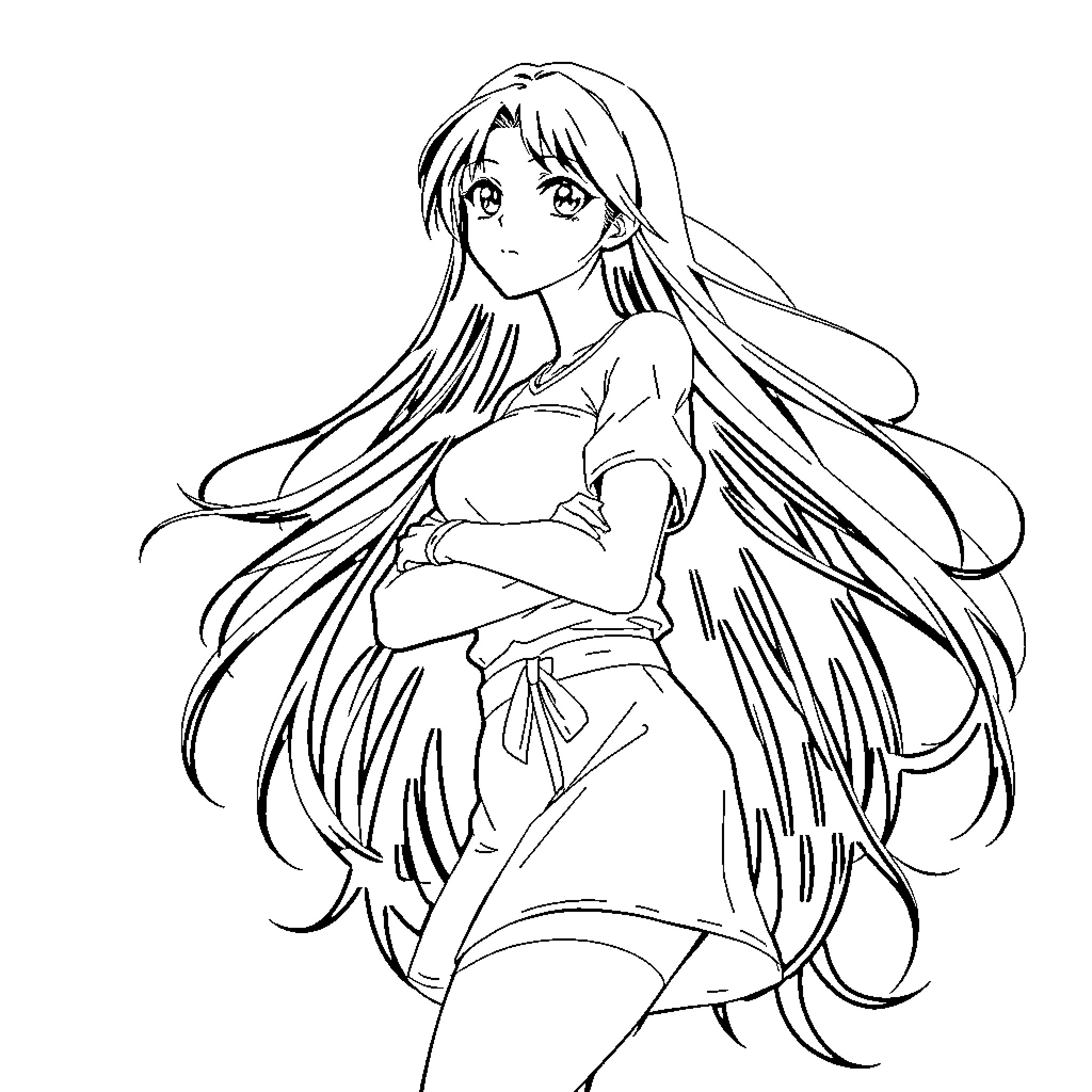 Rin Tohsaka in contemplative pose Coloring Page (free black-and-white line drawing printable PDF for all, from beginners to advanced learners, including children, teens, adults, and seniors)