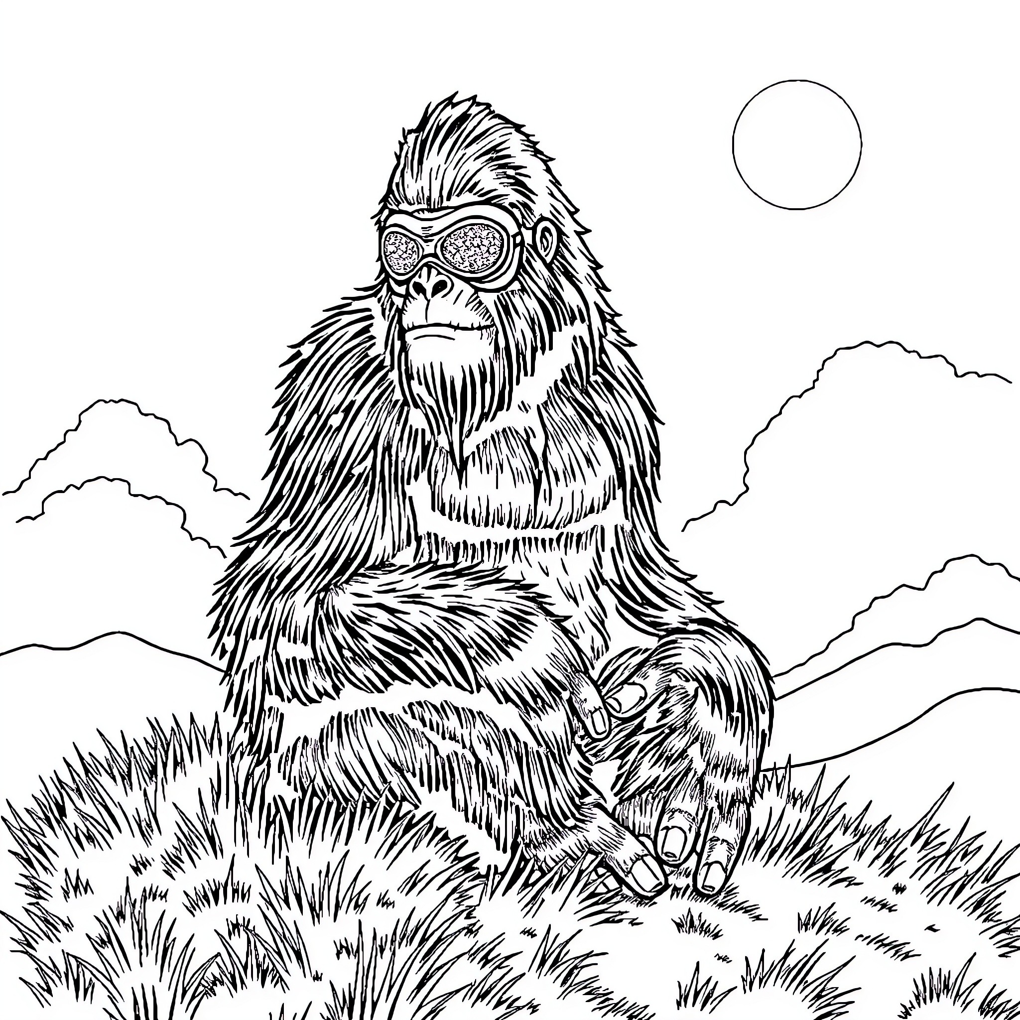 Sasquatch exploring the wilderness in sunglasses Coloring Page (free black-and-white line drawing printable PDF for all, from beginners to advanced learners, including children, teens, adults, and seniors)