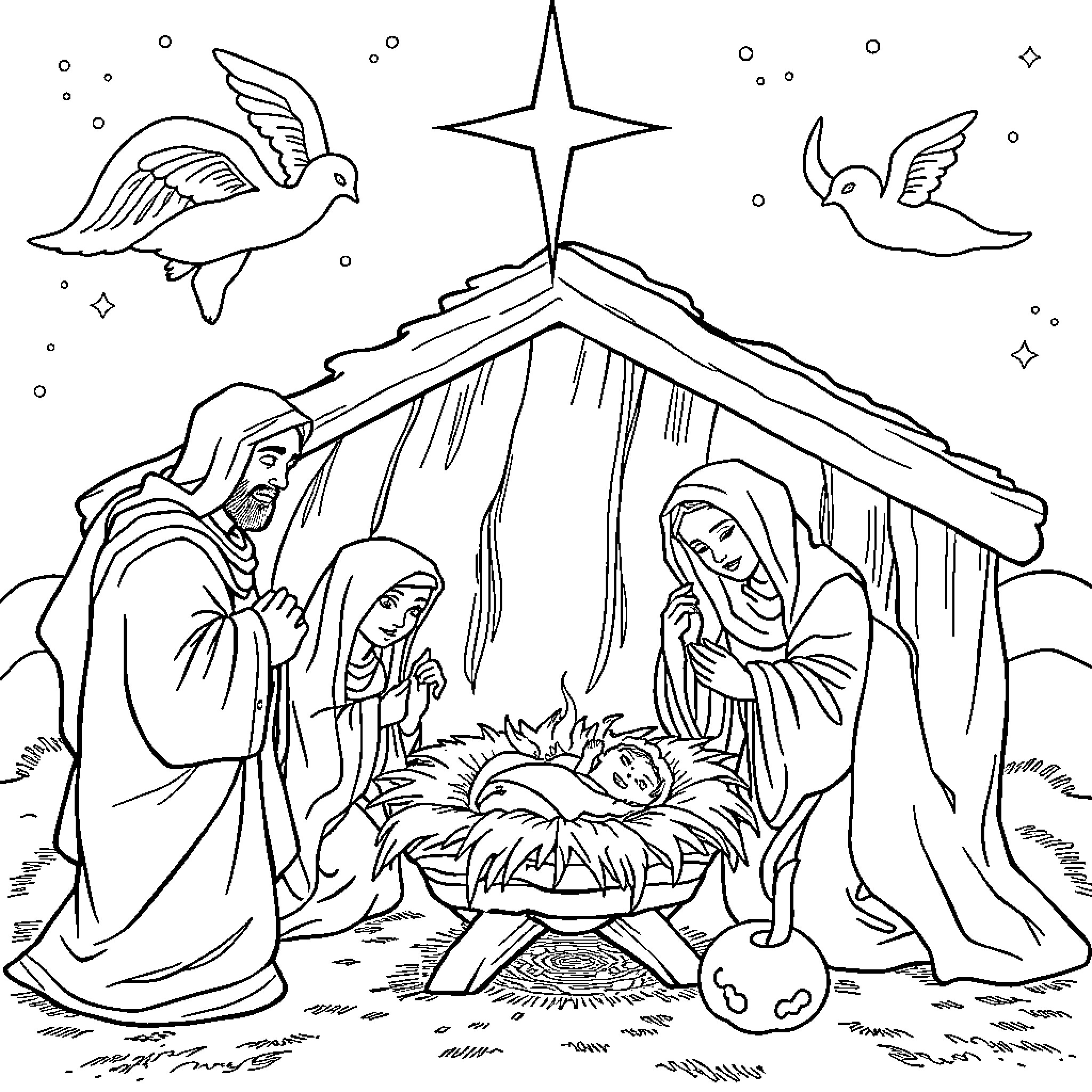 Nativity scene with holy family and heavenly angels Coloring Page (free black-and-white line drawing printable PDF for all, from beginners to advanced learners, including children, teens, adults, and seniors)