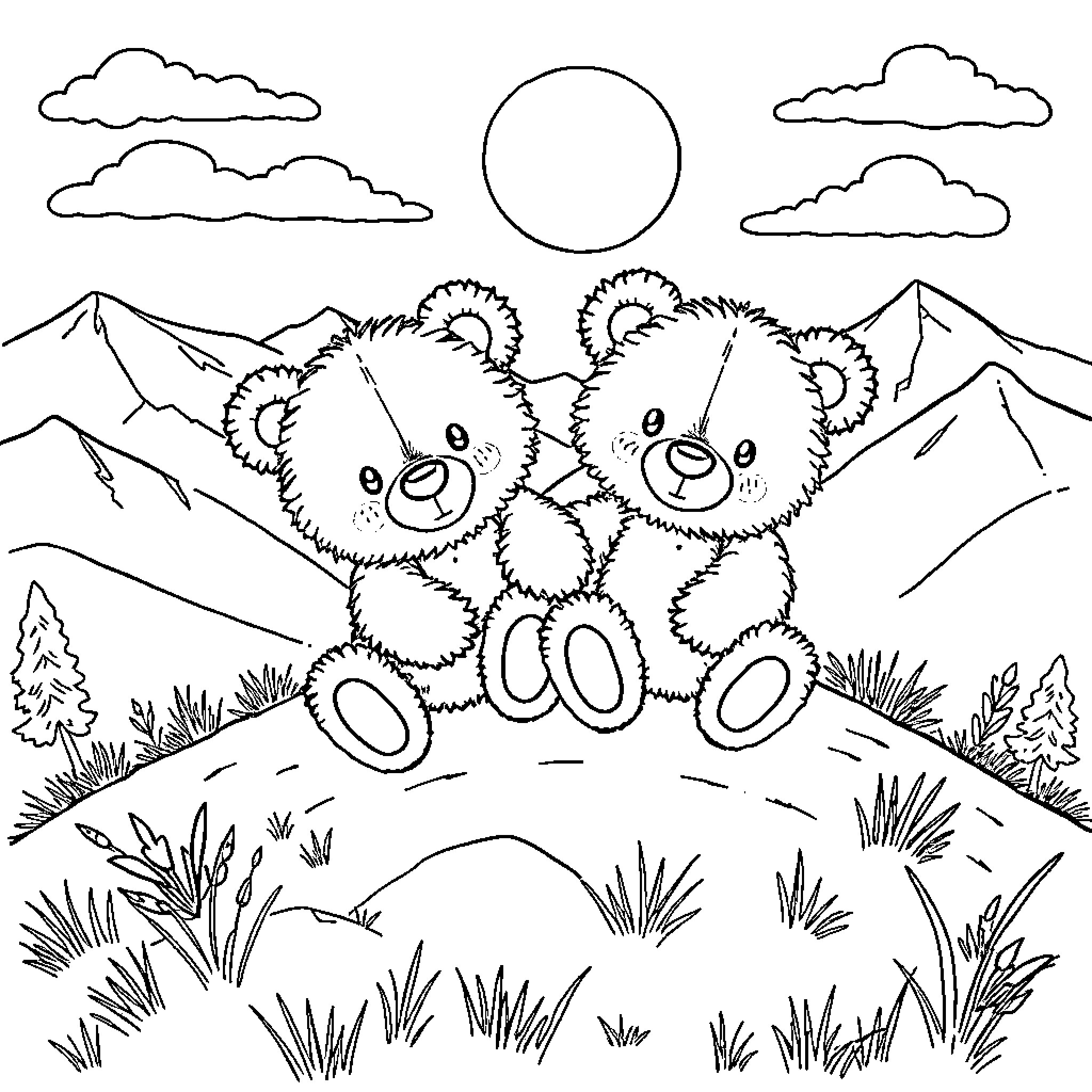 Teddy Bears Frolicking in the Mountains Coloring Page (free black-and-white line drawing printable PDF for all, from beginners to advanced learners, including children, teens, adults, and seniors)