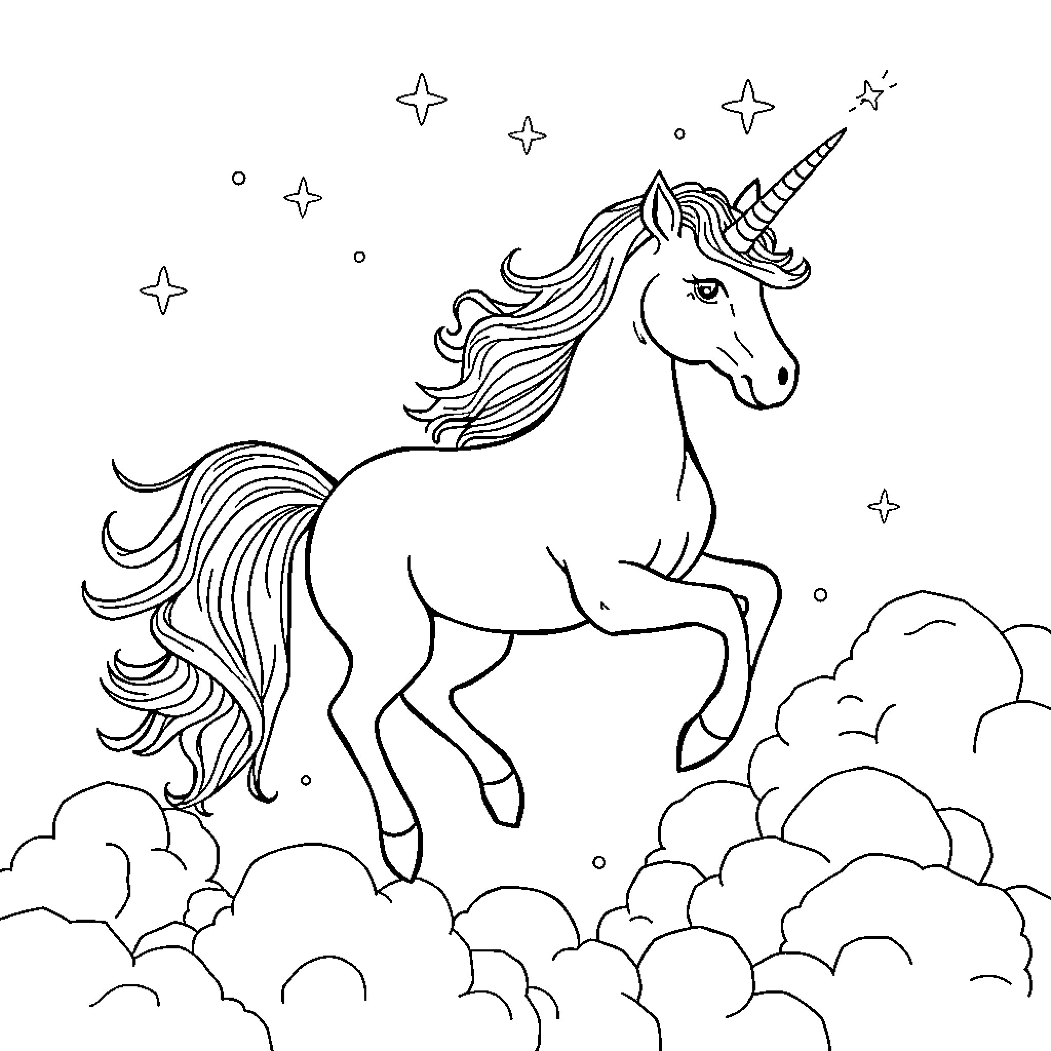 Unicorn galloping through the starry night sky Coloring Page (free black-and-white line drawing printable PDF for all, from beginners to advanced learners, including children, teens, adults, and seniors)