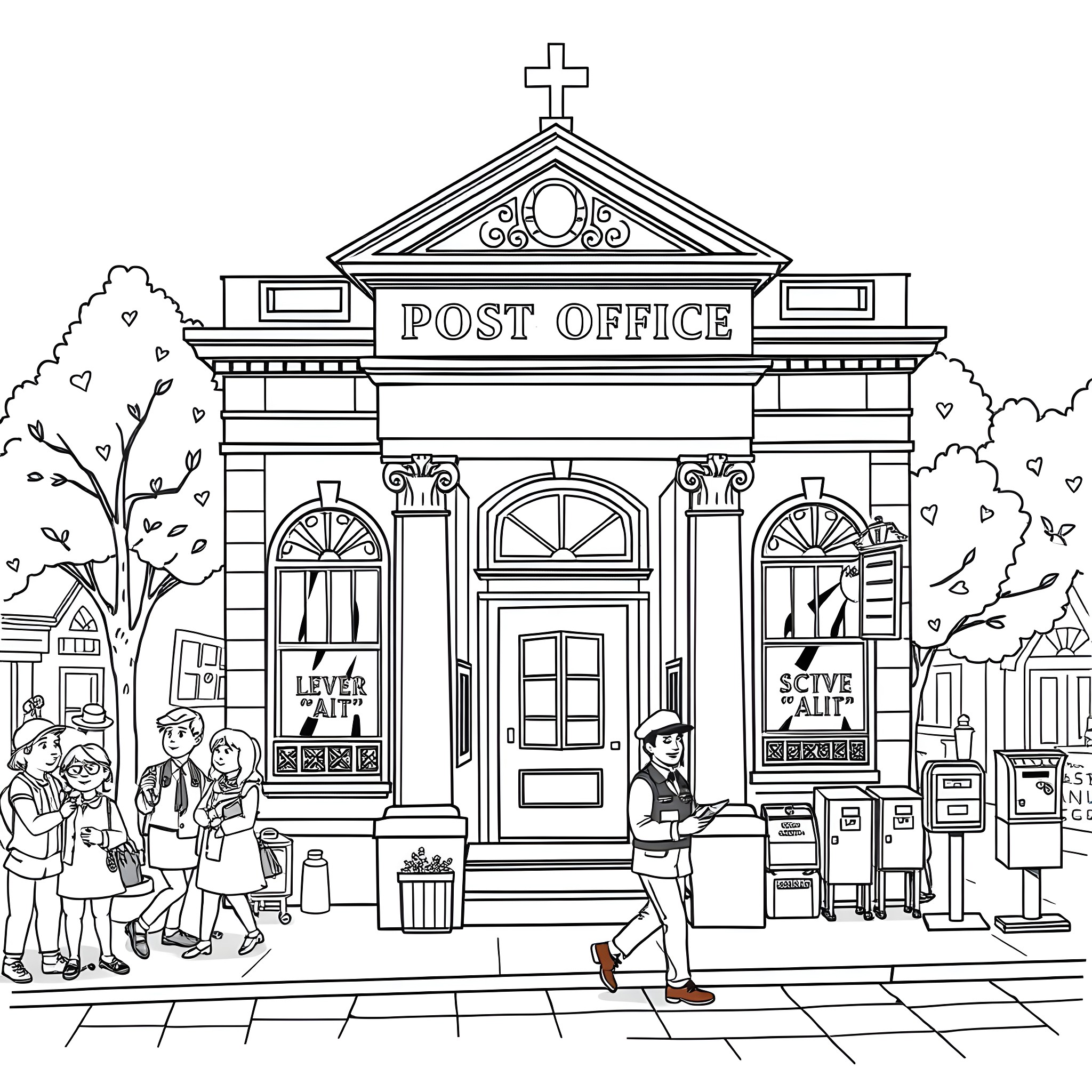 Post Office with people, activities, and signage Coloring Page (free black-and-white line drawing printable PDF for all, from beginners to advanced learners, including children, teens, adults, and seniors)