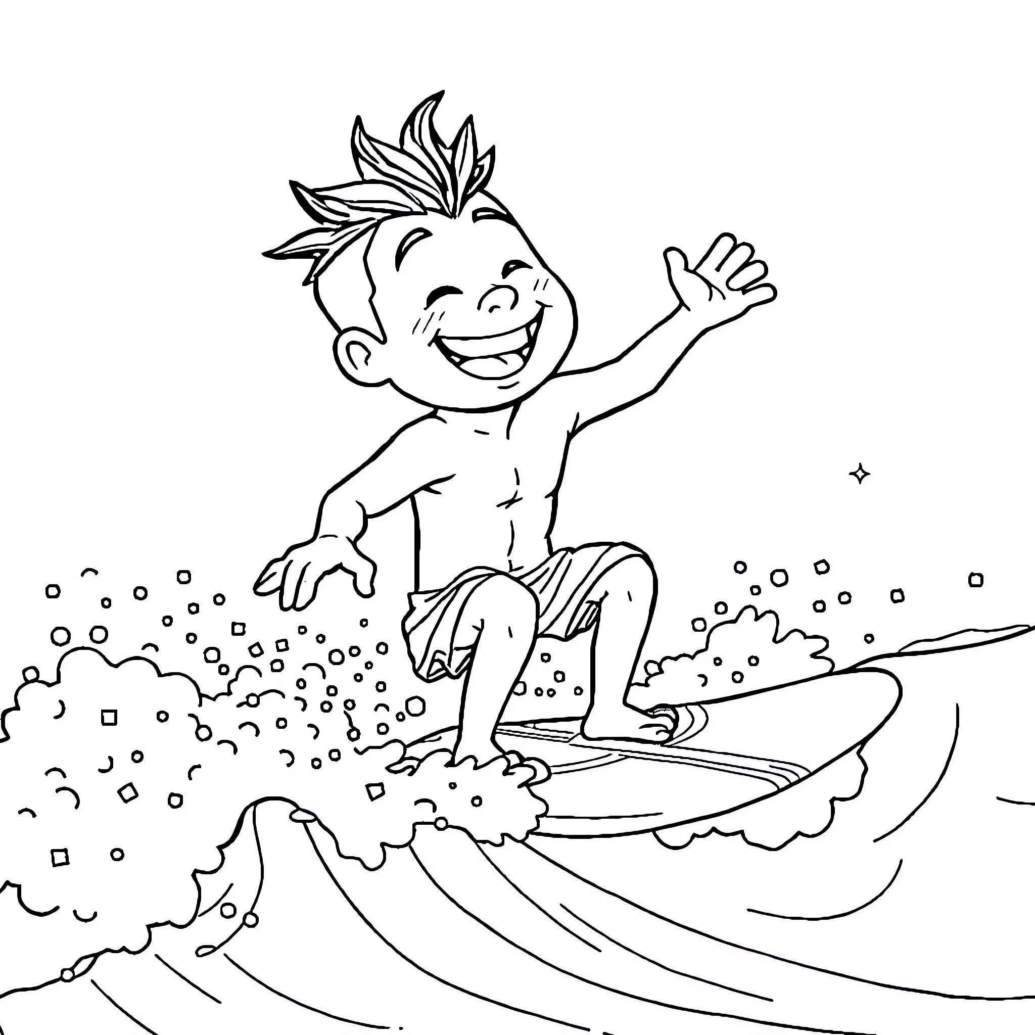 Tanjiro surfing happily on the waves Coloring Page (free black-and-white line drawing printable PDF for all, from beginners to advanced learners, including children, teens, adults, and seniors)