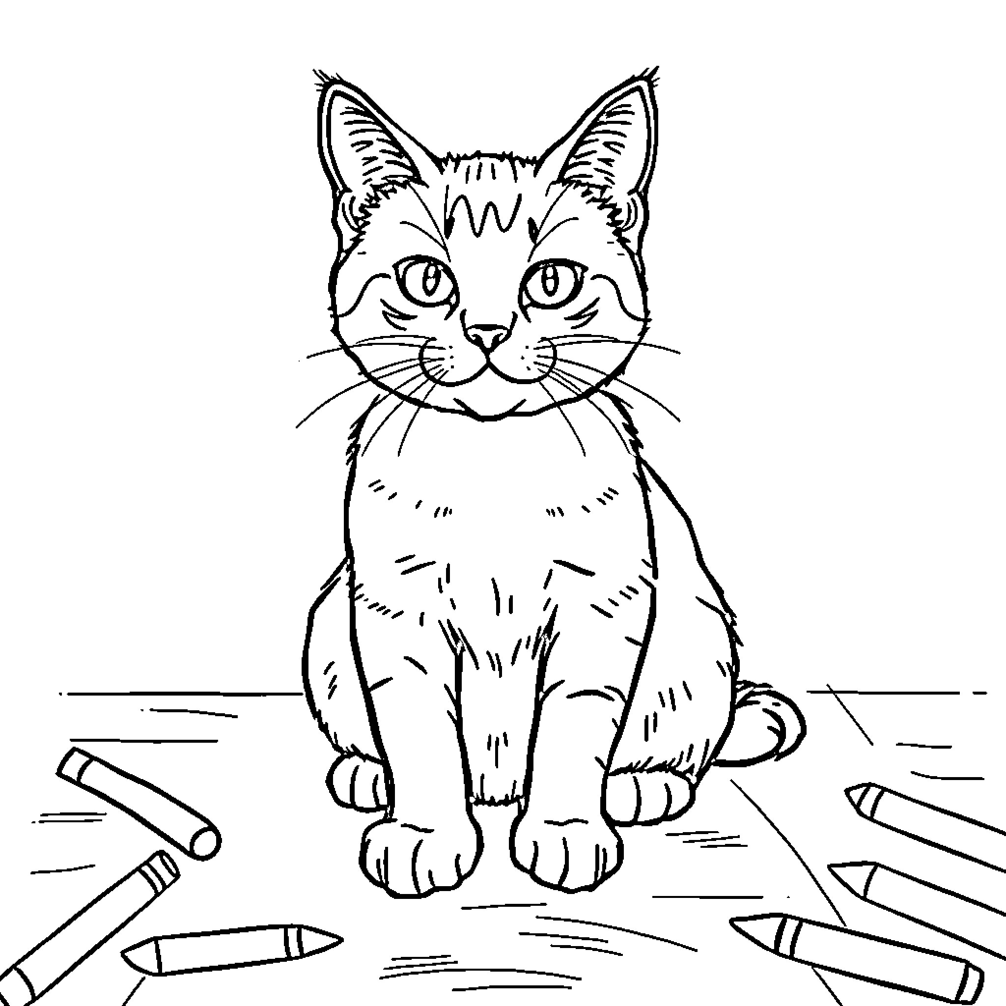 Cat coloring page with crayons Coloring Page (free black-and-white line drawing printable PDF for all, from beginners to advanced learners, including children, teens, adults, and seniors)