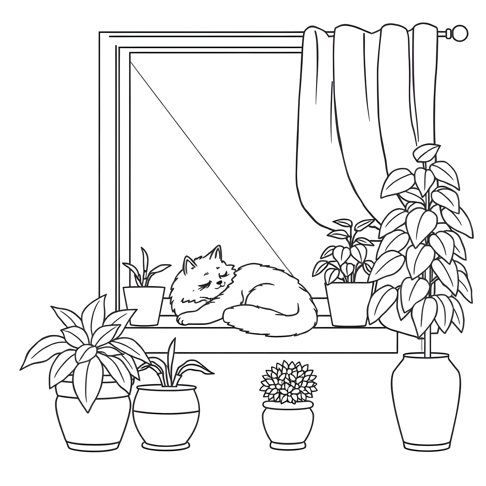 Cat relaxing in window surrounded by plants Coloring Page (free black-and-white line drawing printable PDF for all, from beginners to advanced learners, including children, teens, adults, and seniors)
