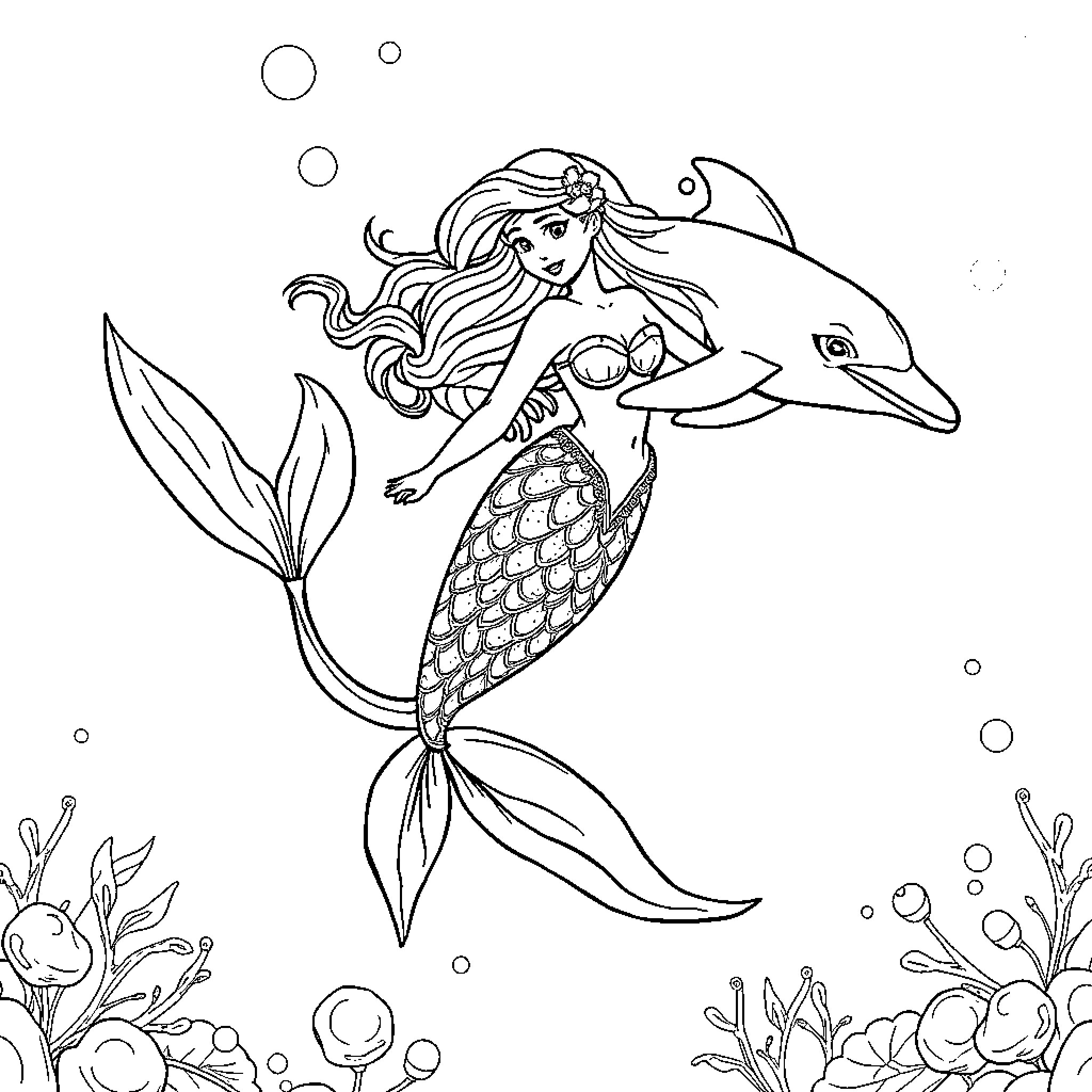 Mermaid riding a friendly dolphin under the sea Coloring Page (free black-and-white line drawing printable PDF for all, from beginners to advanced learners, including children, teens, adults, and seniors)